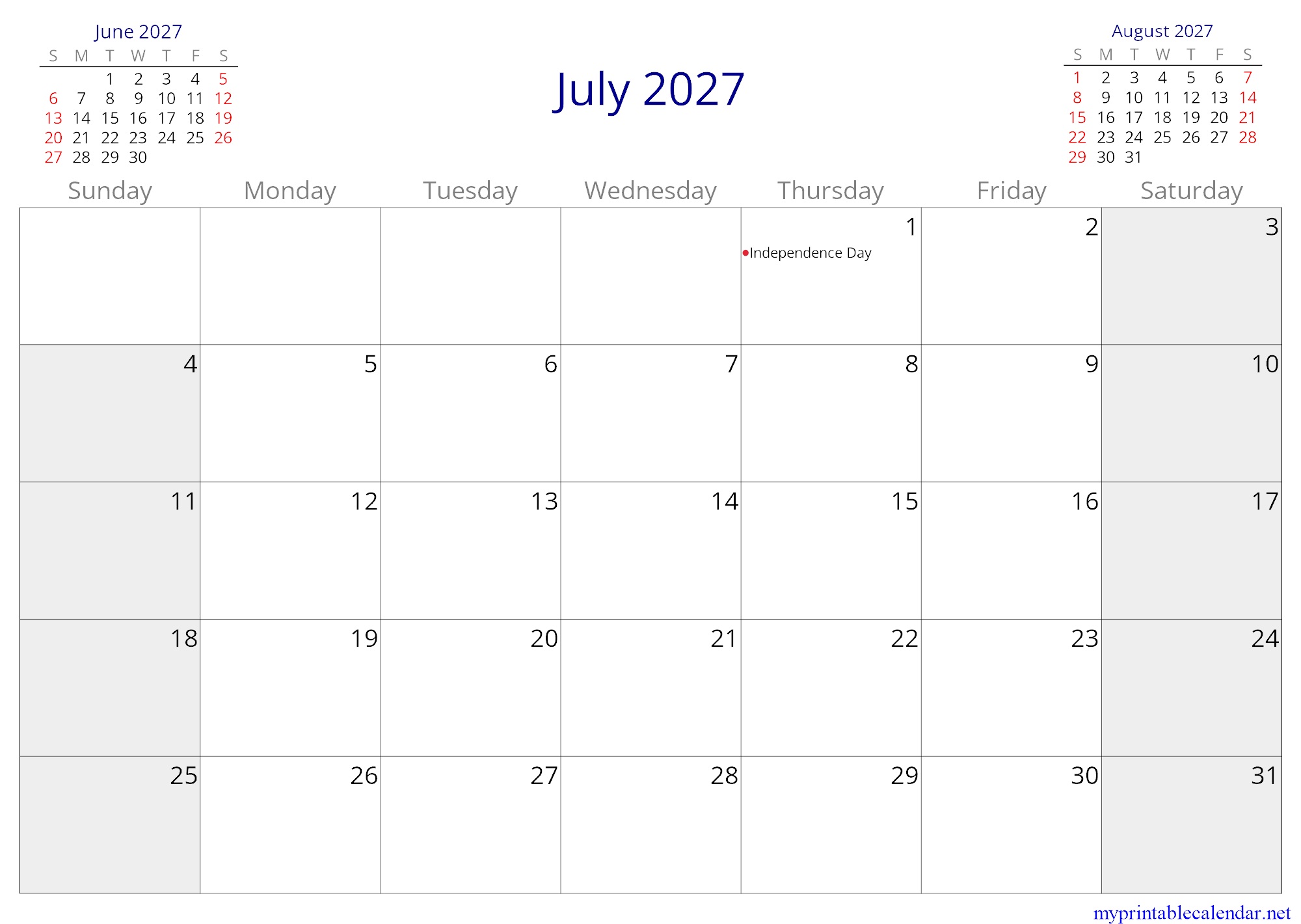 July 2027 monthly calendar, Burundi, English jpg