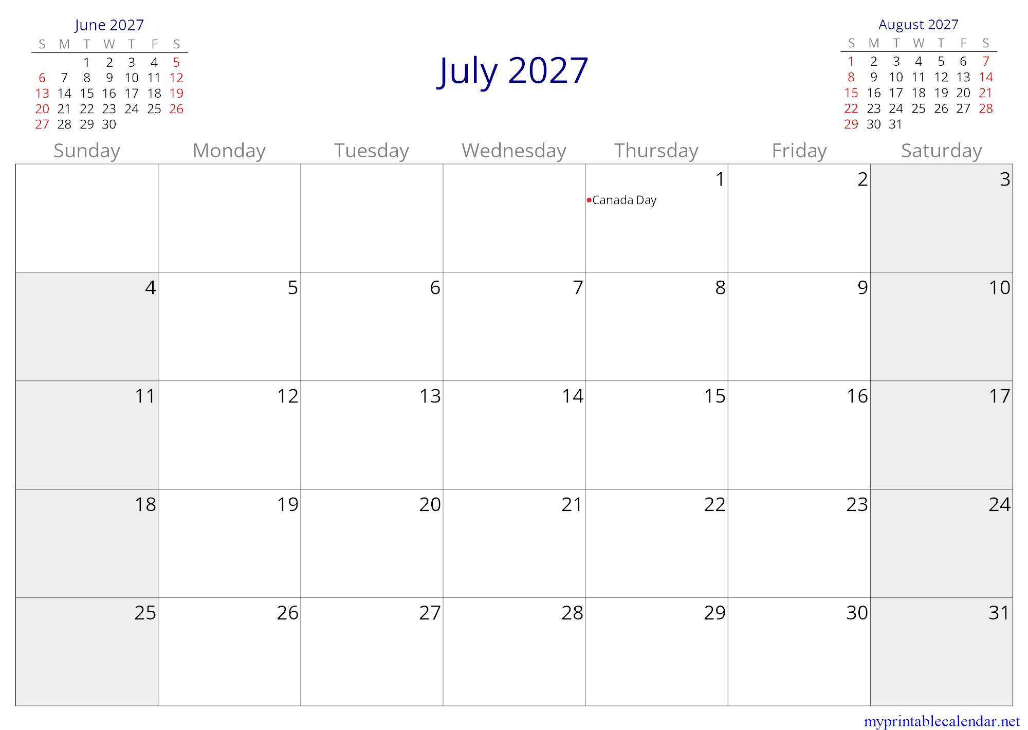 July 2027 monthly calendar, Canada, English (US, CA) jpg