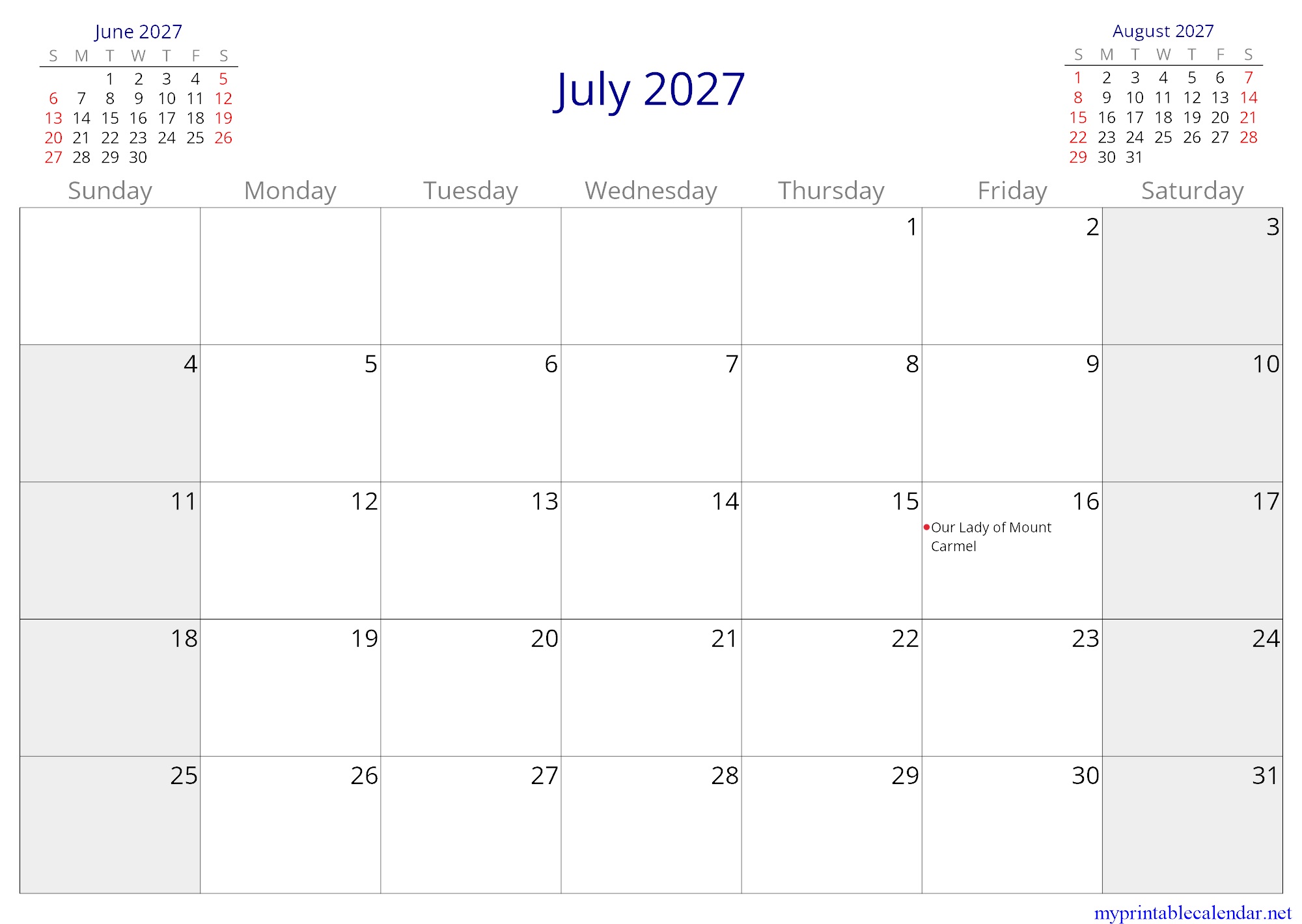 July 2027 monthly calendar, Chile, in English jpg