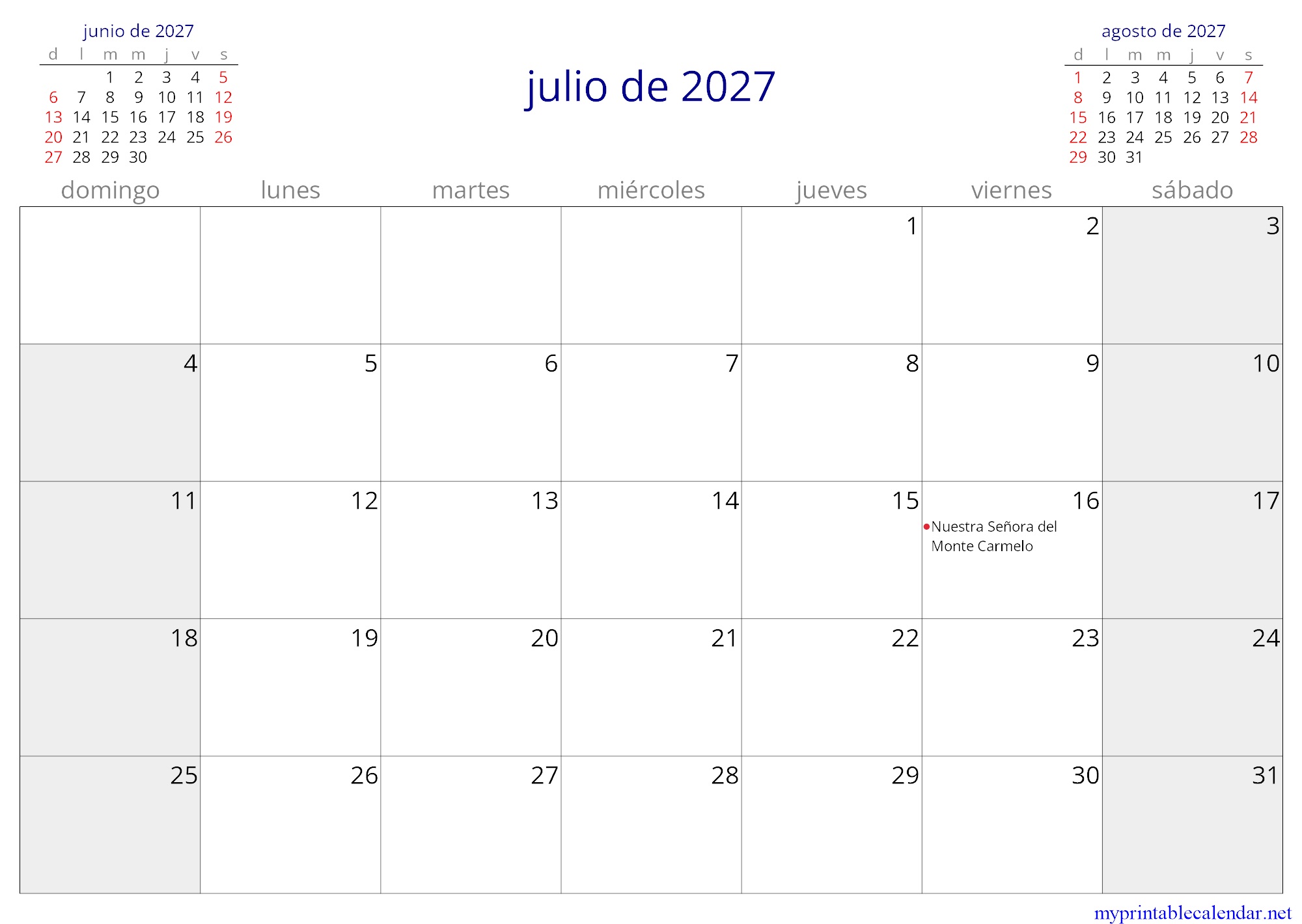 julio de 2027 monthly calendar, Chile, Spanish jpg