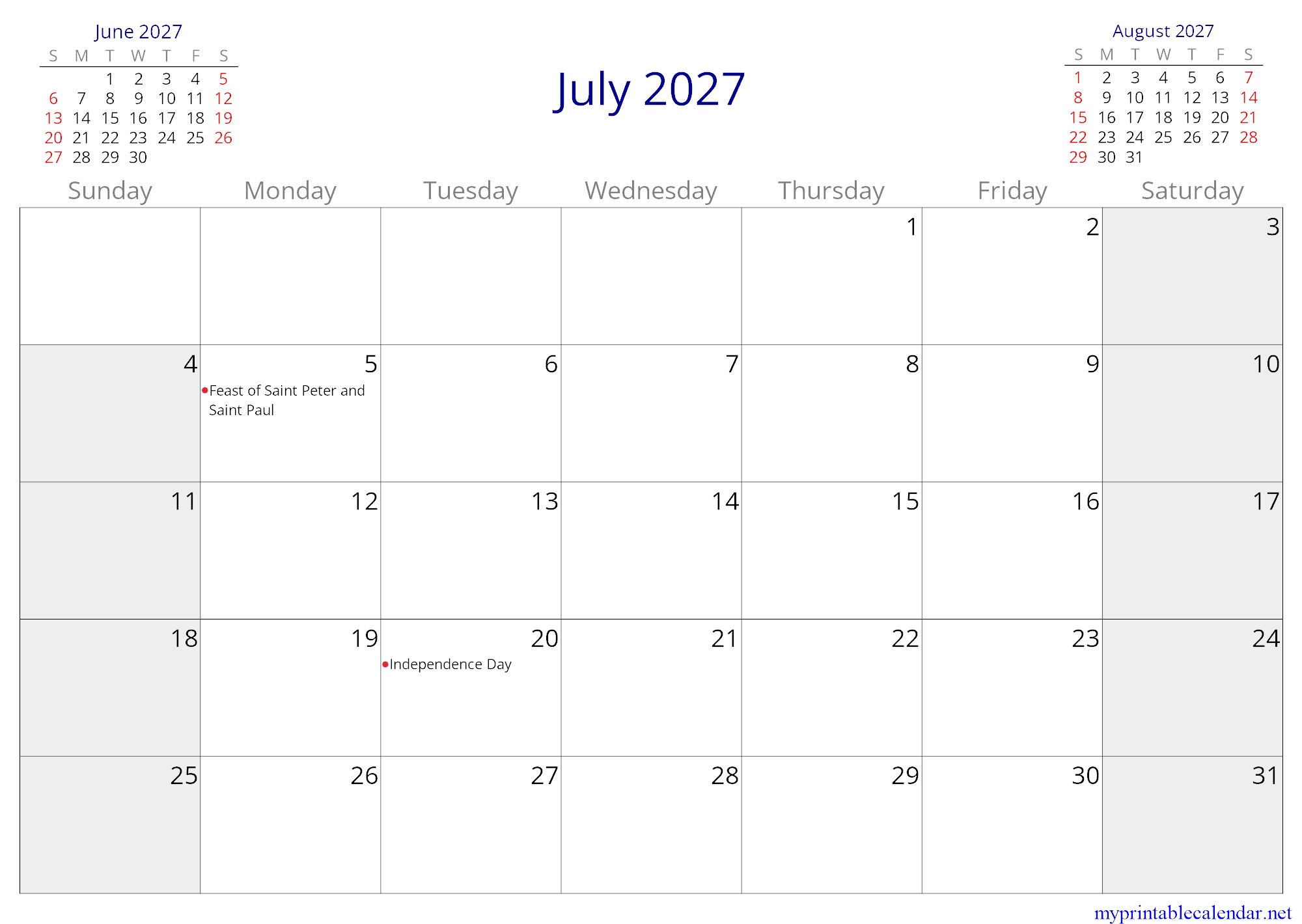 July 2027 monthly calendar, Colombia, in English jpg