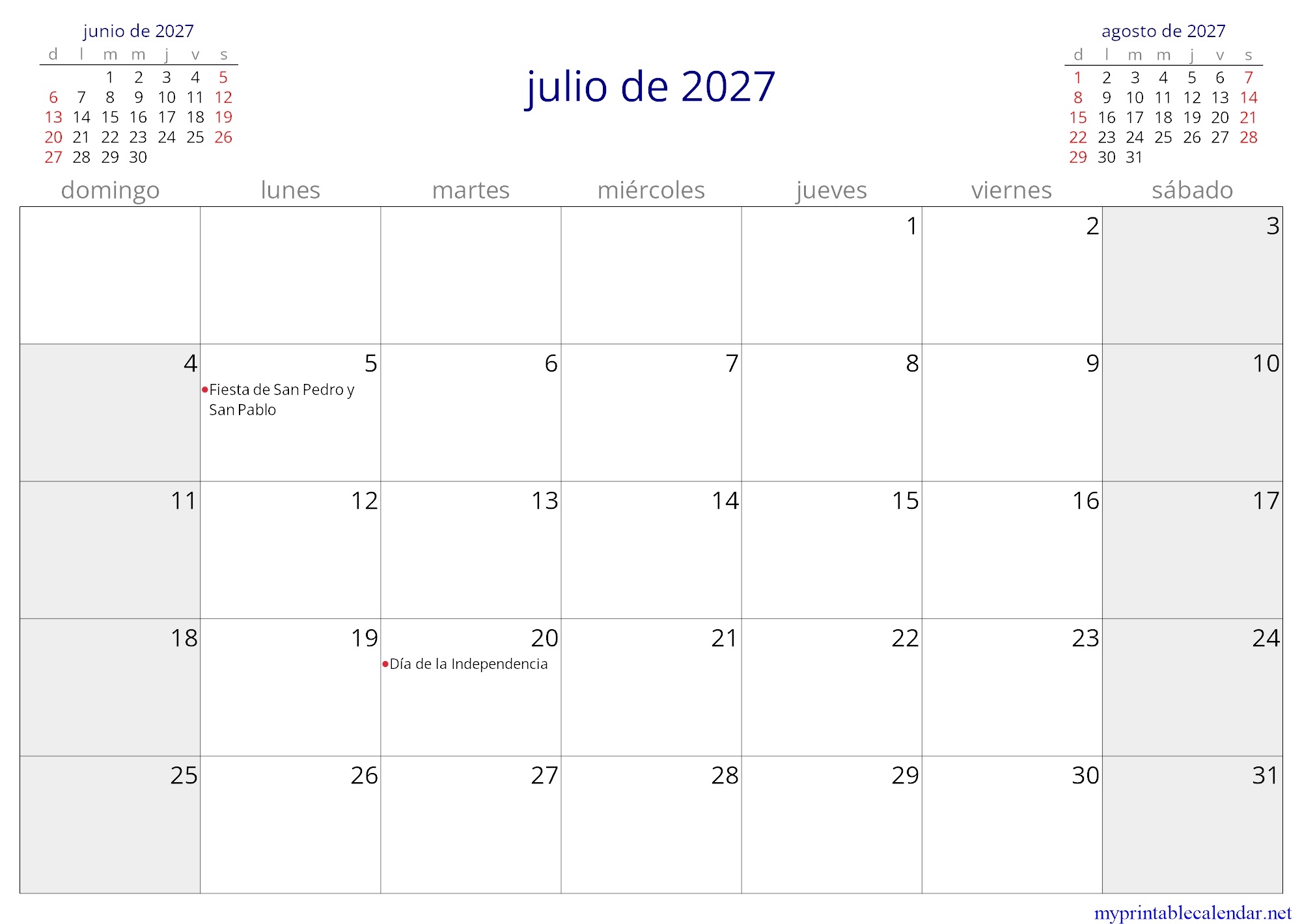 julio de 2027 monthly calendar, Colombia, Spanish jpg