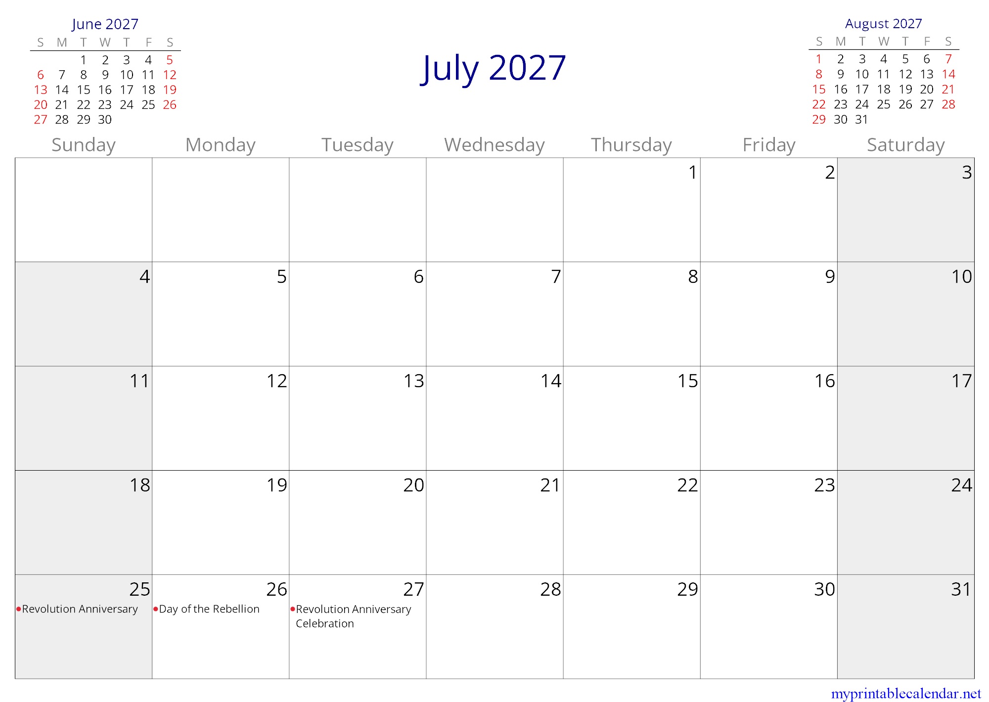 July 2027 monthly calendar, Cuba, in English jpg