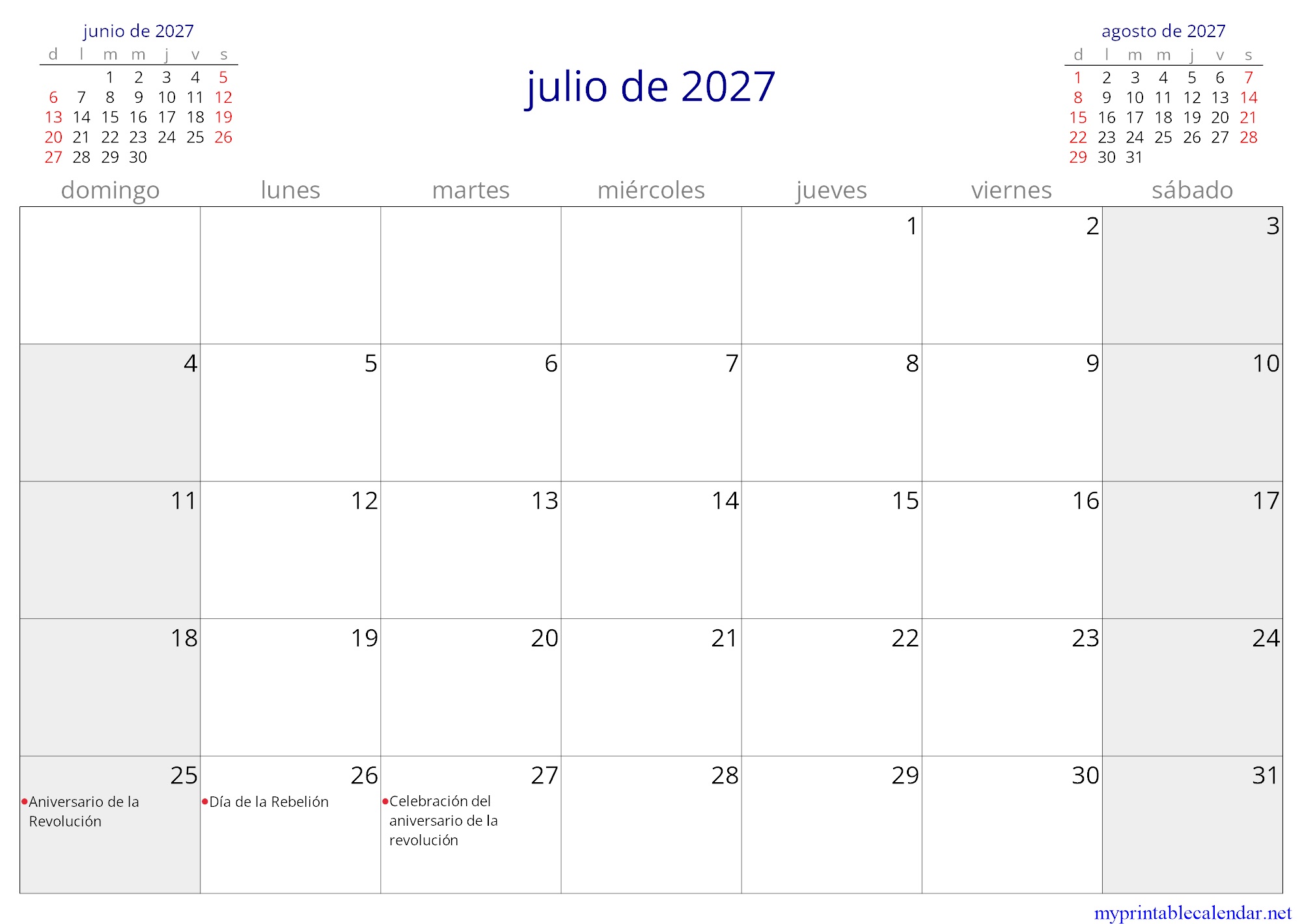 julio de 2027 monthly calendar, Cuba, Spanish jpg