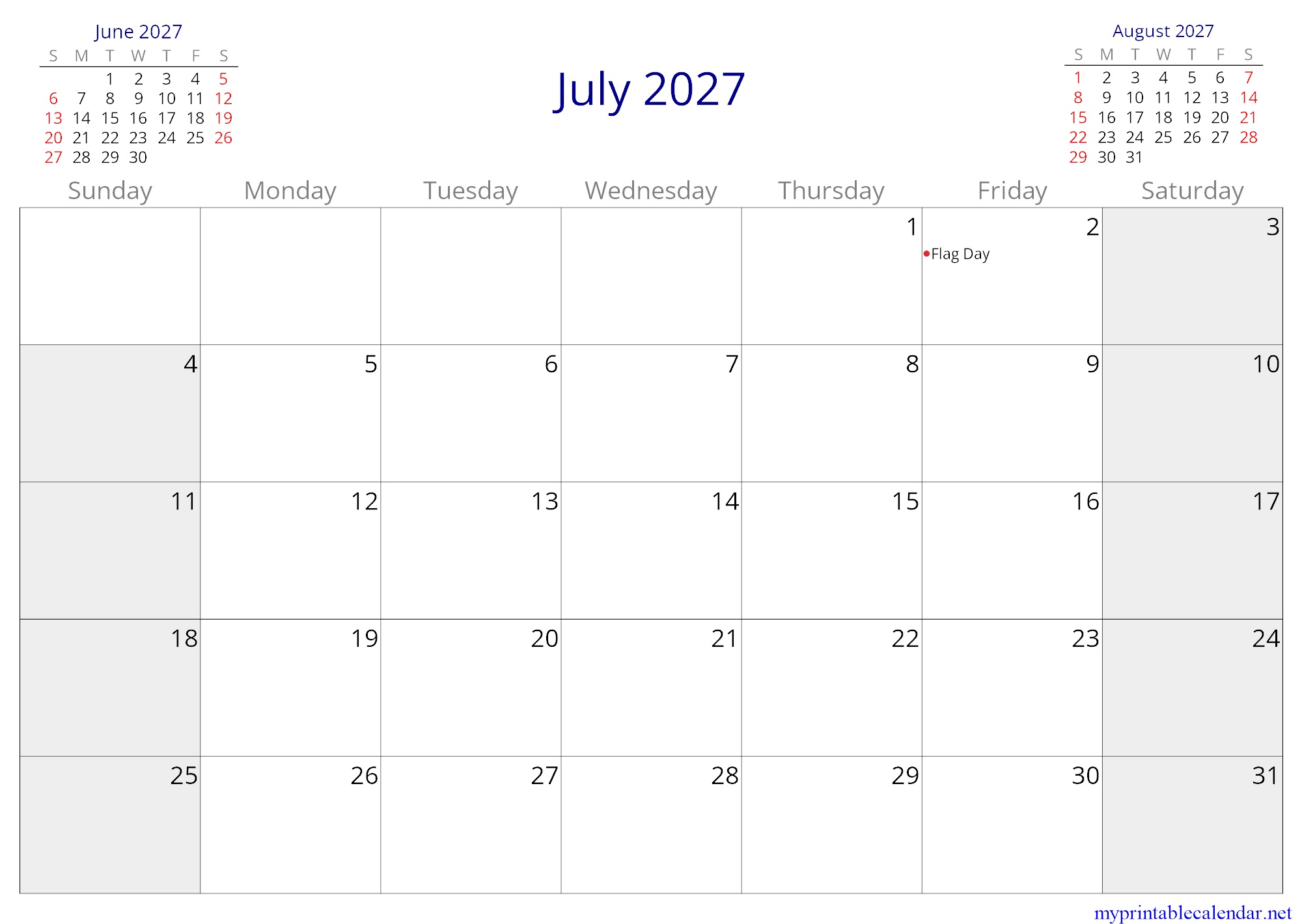 July 2027 monthly calendar, Curaçao, English jpg