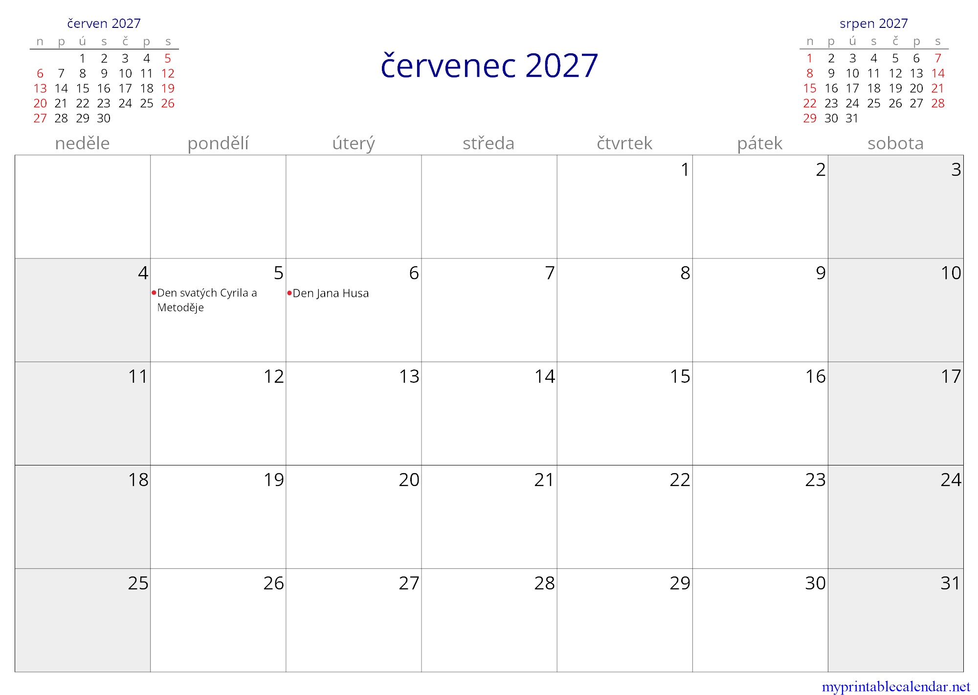 červenec 2027 monthly calendar, Czechia, Czech jpg