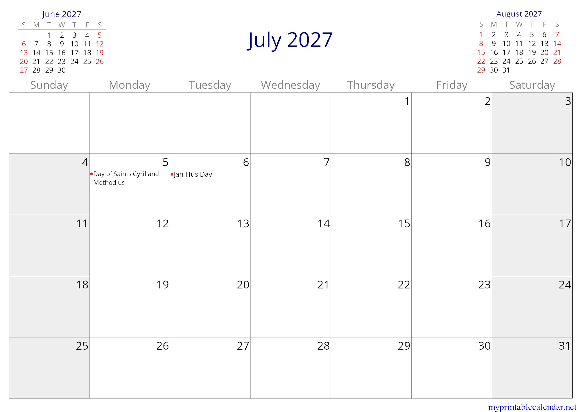 July 2027 monthly calendar, Czechia, in English jpg
