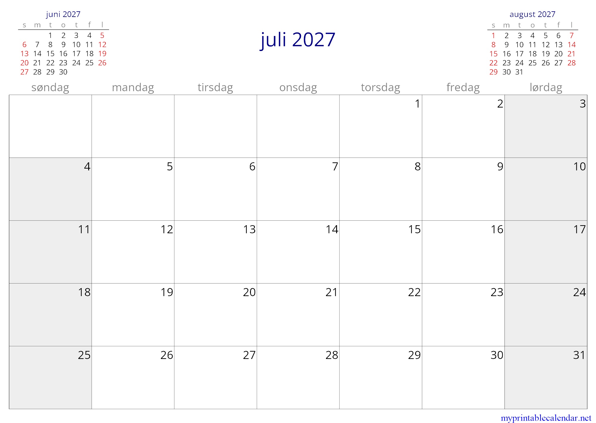 juli 2027 monthly calendar, Denmark, Danish jpg