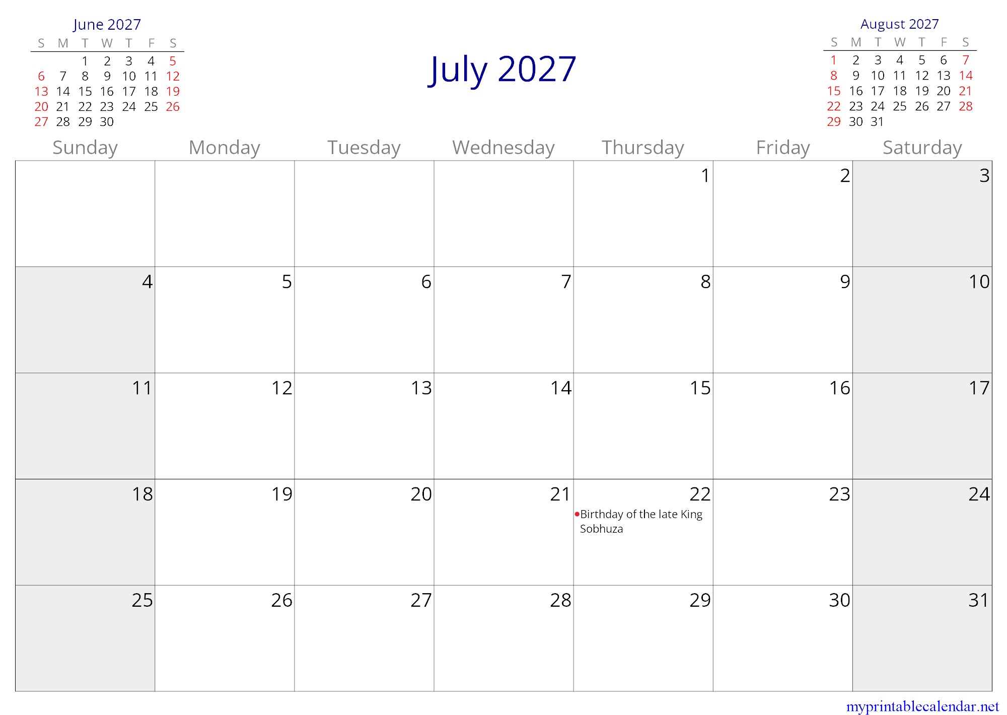July 2027 monthly calendar, Eswatini, English jpg