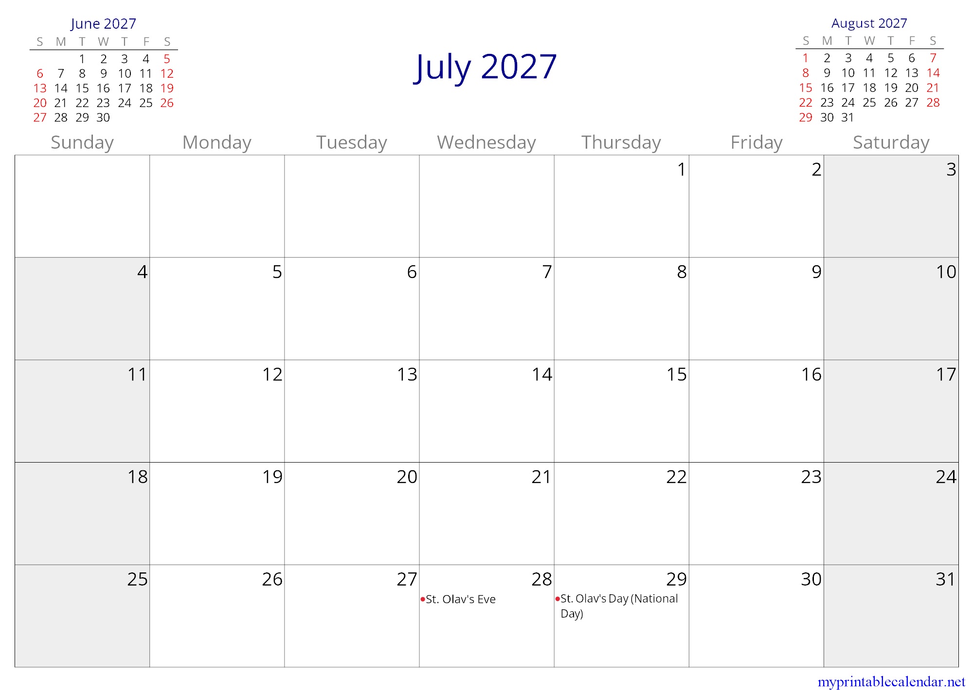 July 2027 monthly calendar, Faroe Islands, English jpg