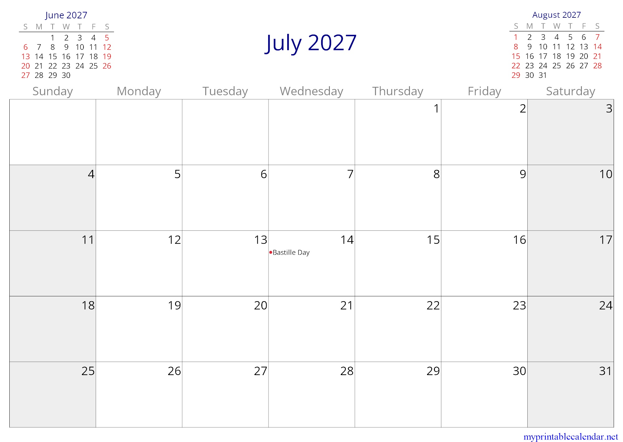 July 2027 monthly calendar, France, in English jpg
