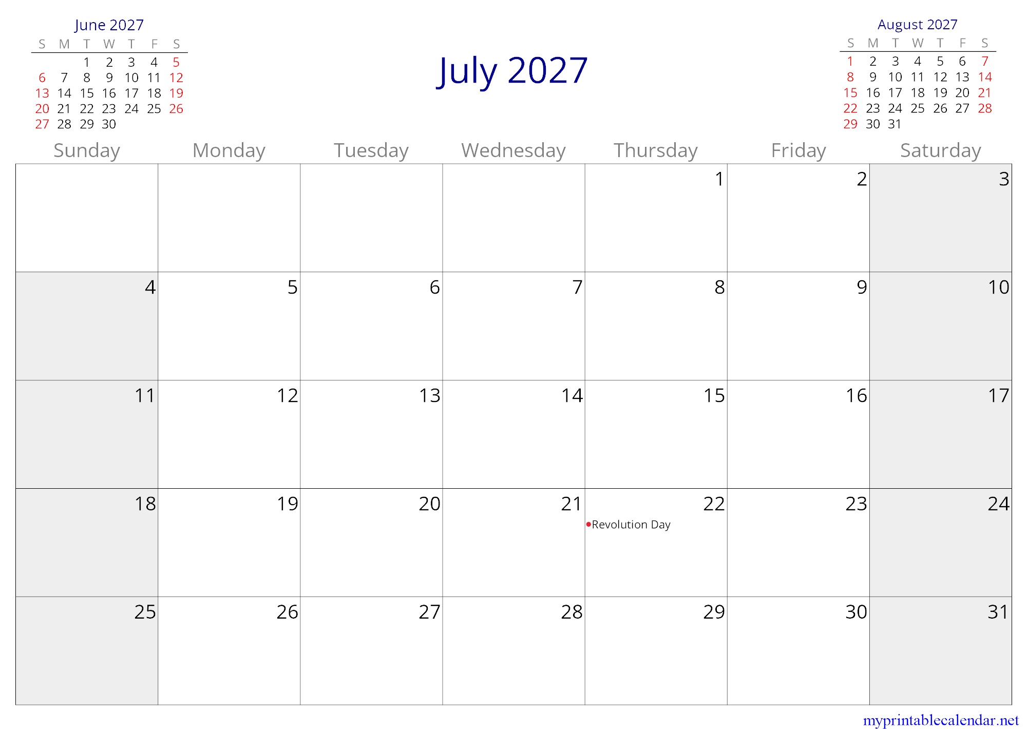 July 2027 monthly calendar, Gambia, English jpg