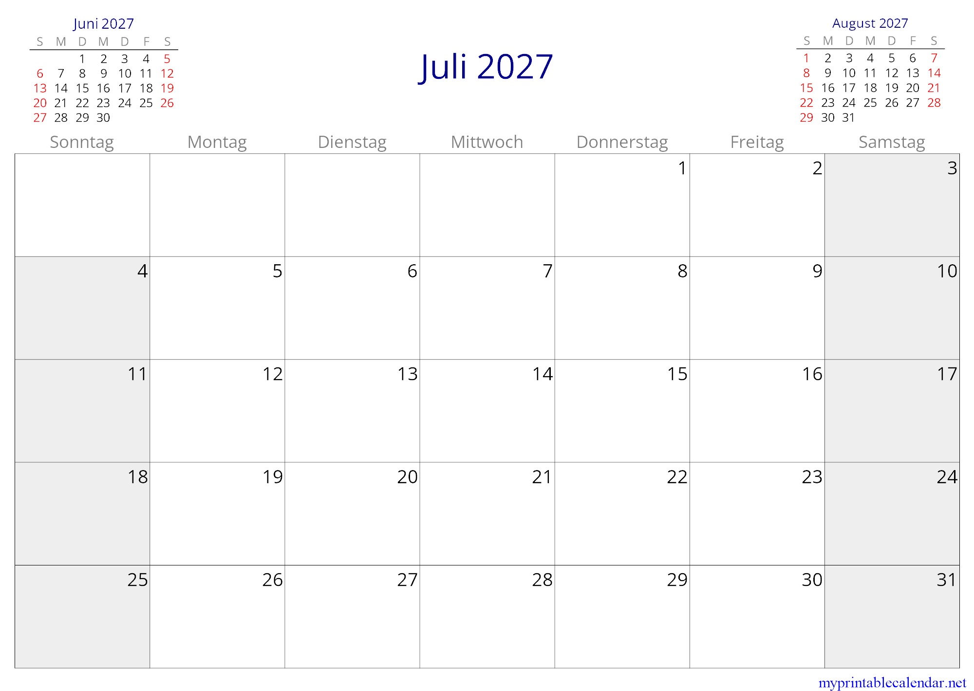 Juli 2027 monthly calendar, Germany, German jpg