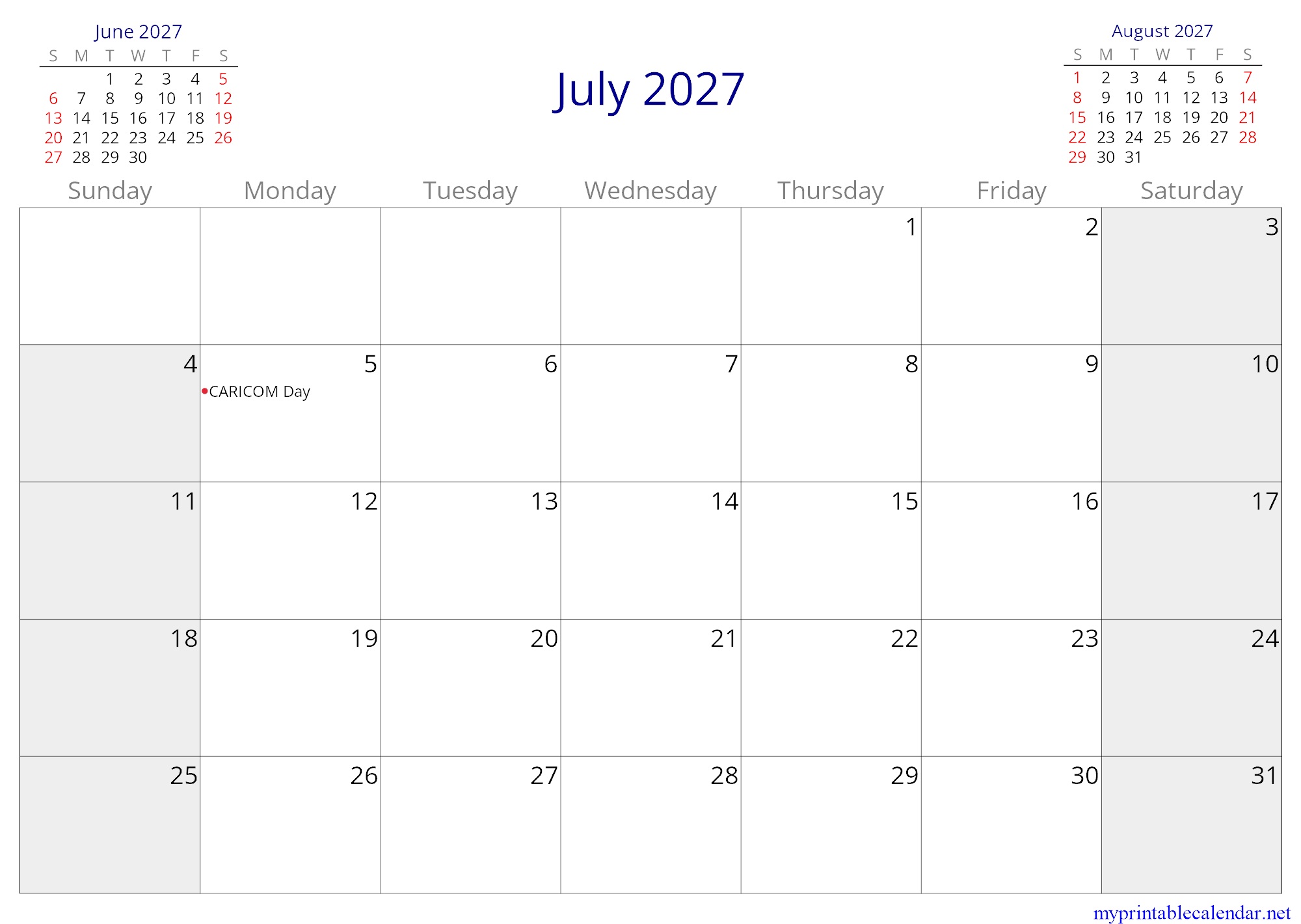 July 2027 monthly calendar, Guyana, English jpg