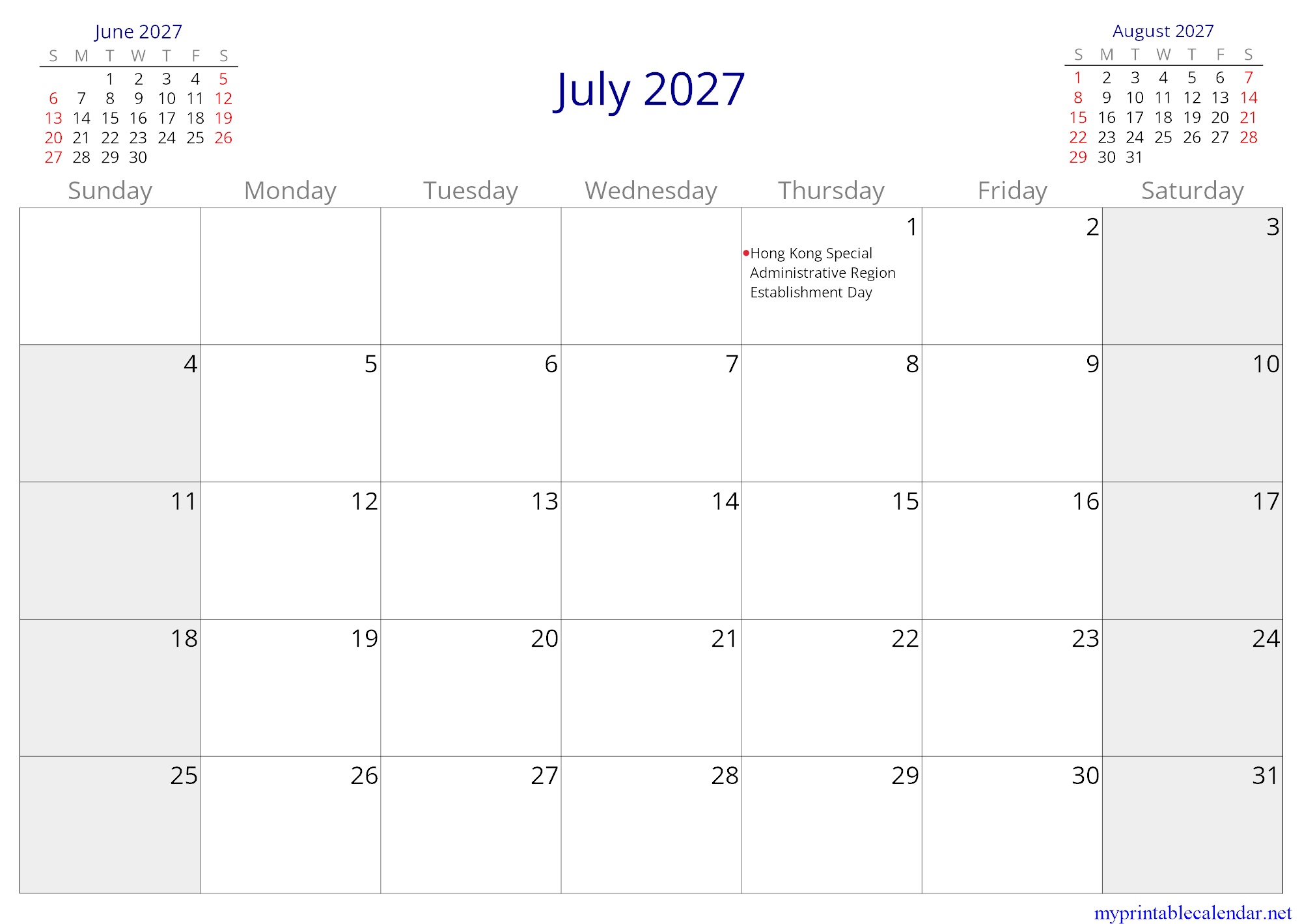 July 2027 monthly calendar, Hong Kong, English jpg