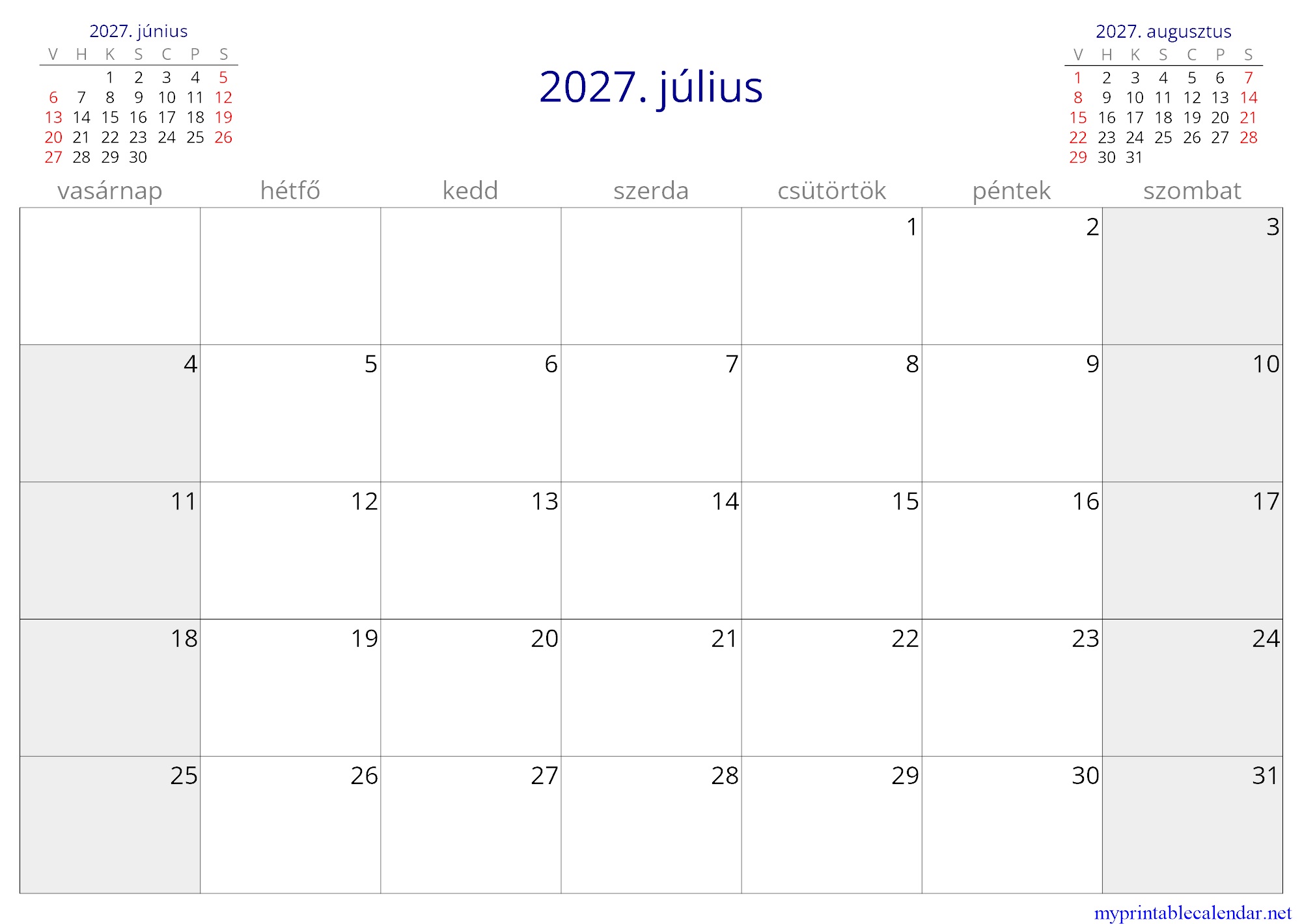 2027. július monthly calendar, Hungary, Hungarian jpg