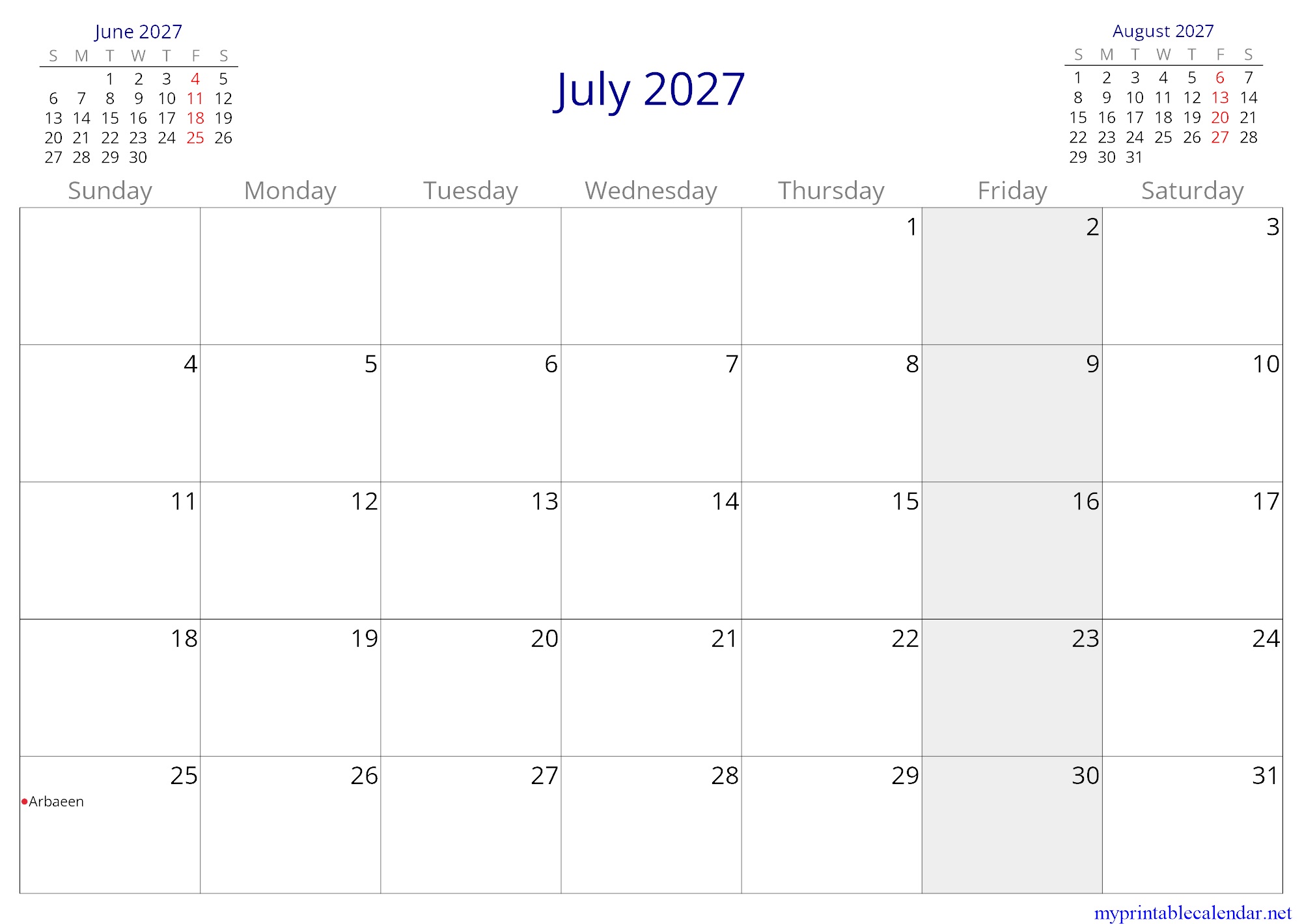 July 2027 monthly calendar, Iran, in English jpg