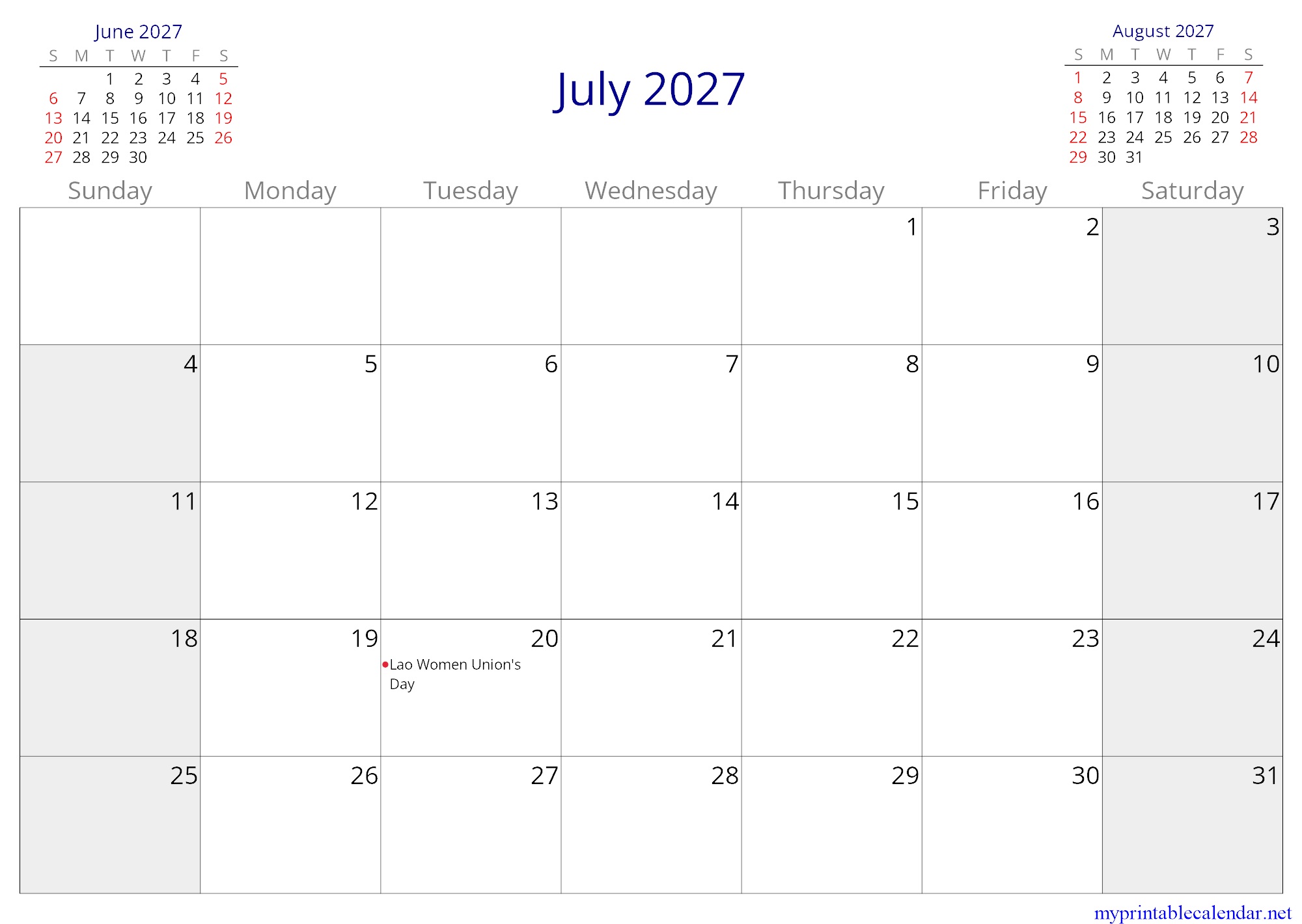 July 2027 monthly calendar, Laos, in English jpg