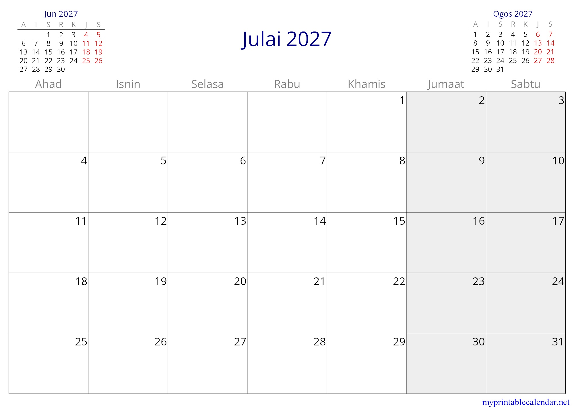 Julai 2027 monthly calendar, Malaysia, Malay jpg