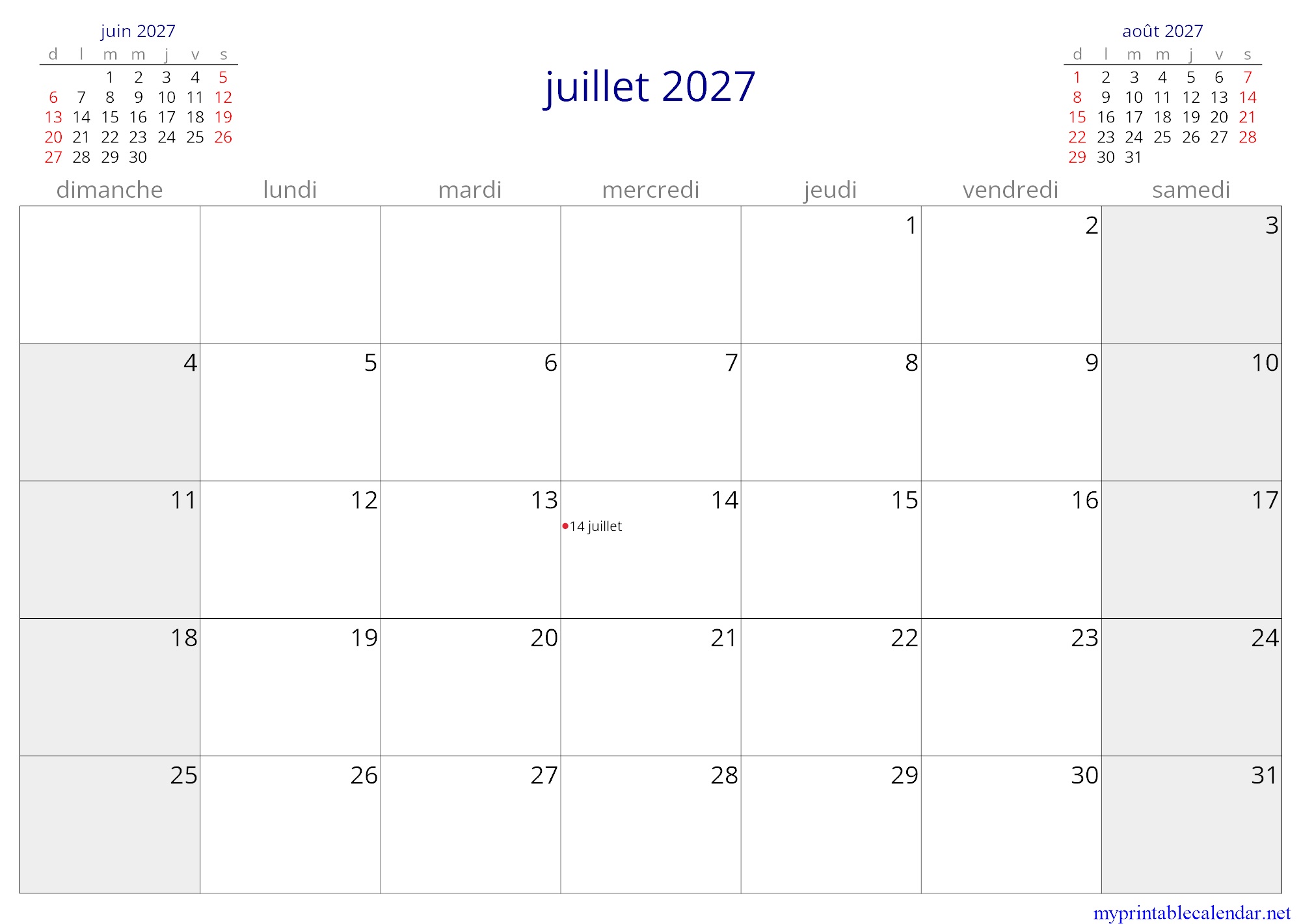 juillet 2027 monthly calendar, Martinique, French jpg