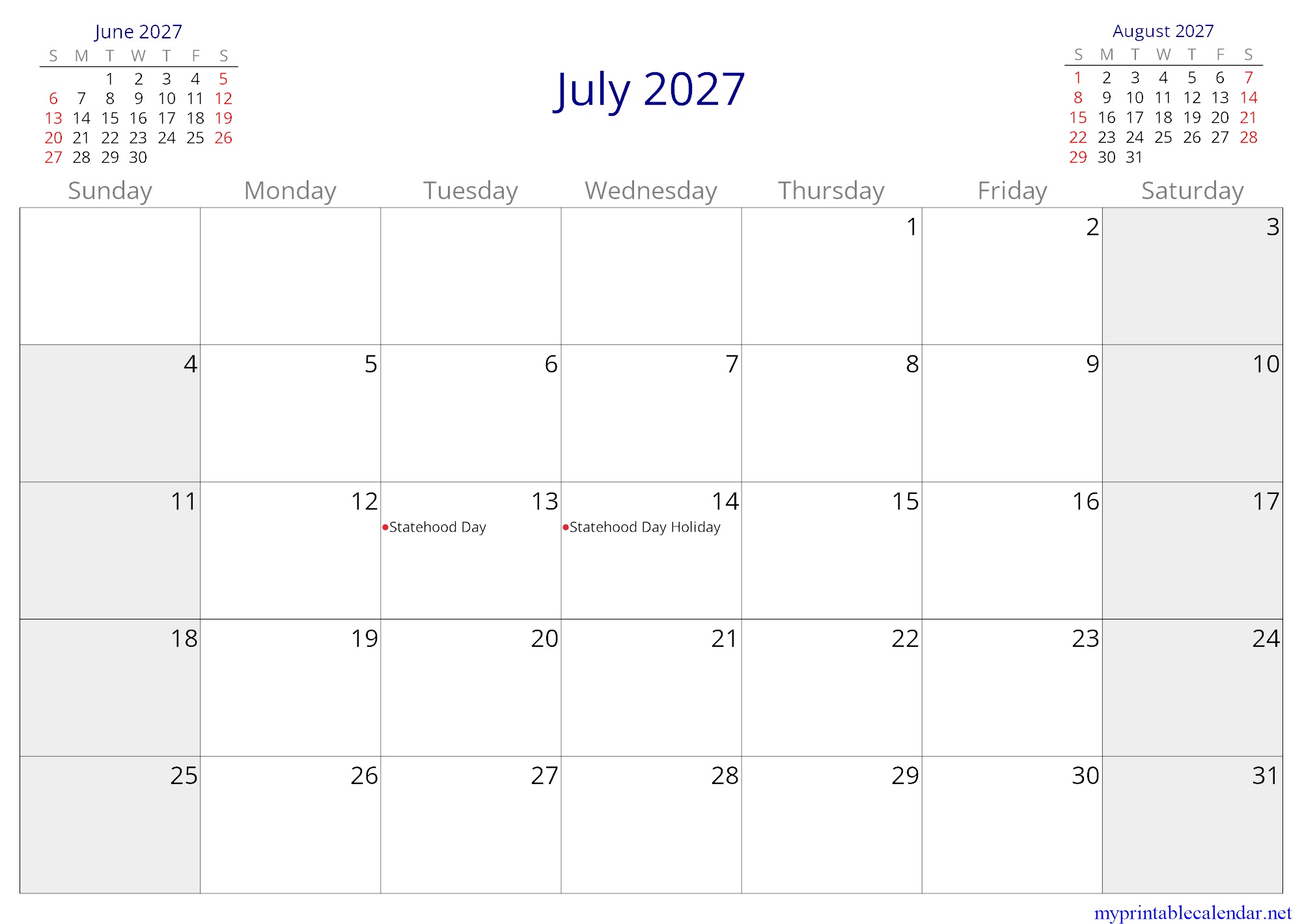 July 2027 monthly calendar, Montenegro, in English jpg