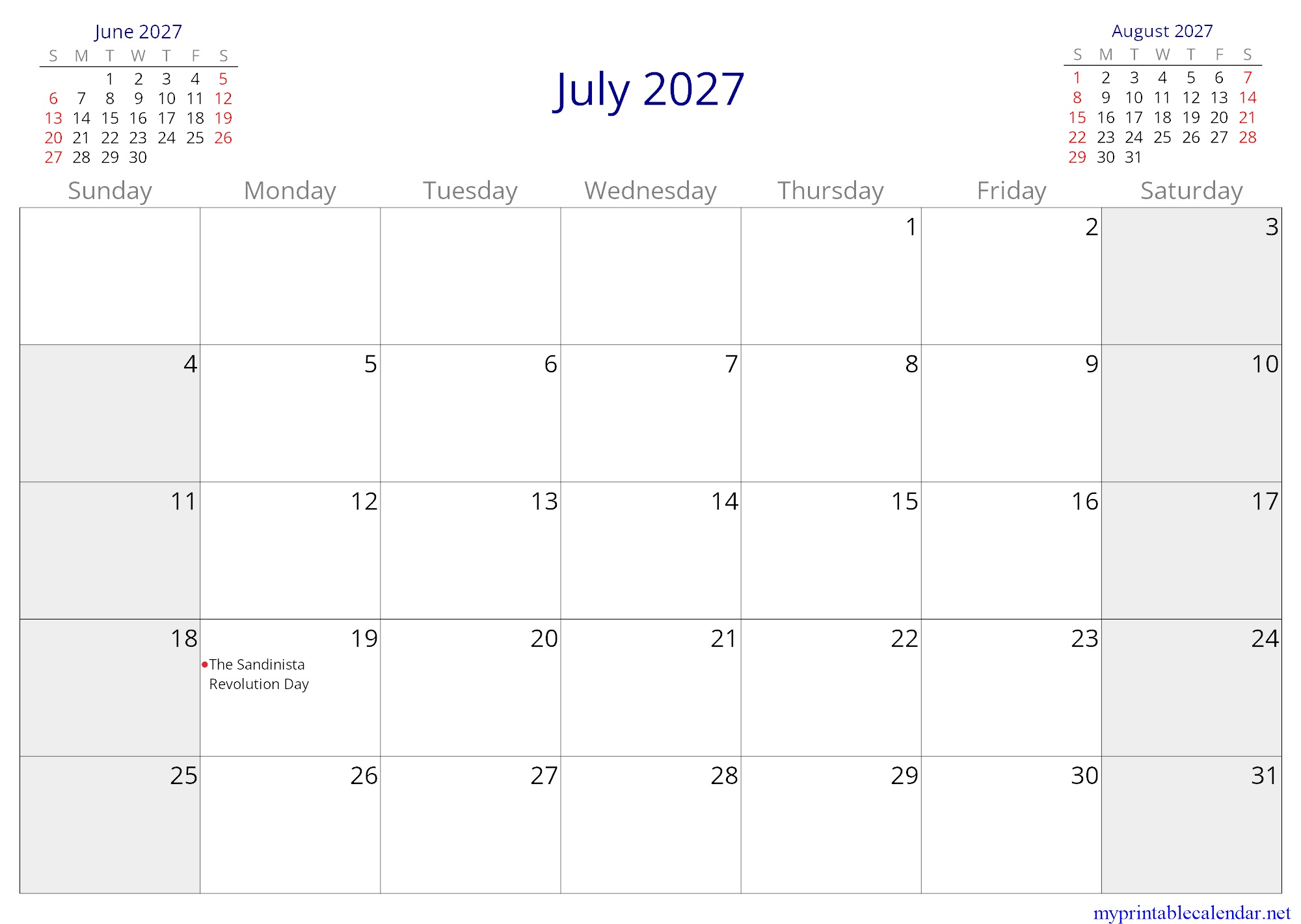 July 2027 monthly calendar, Nicaragua, in English jpg