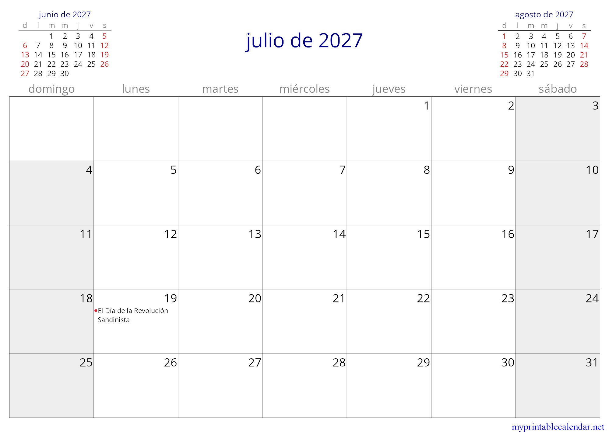 julio de 2027 monthly calendar, Nicaragua, Spanish jpg