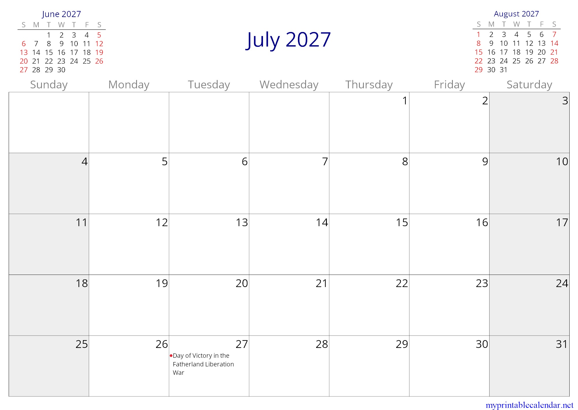 July 2027 monthly calendar, North Korea, in English jpg