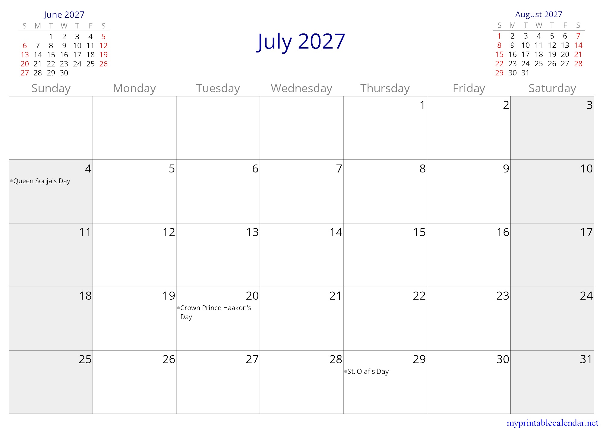July 2027 monthly calendar, Norway, English jpg