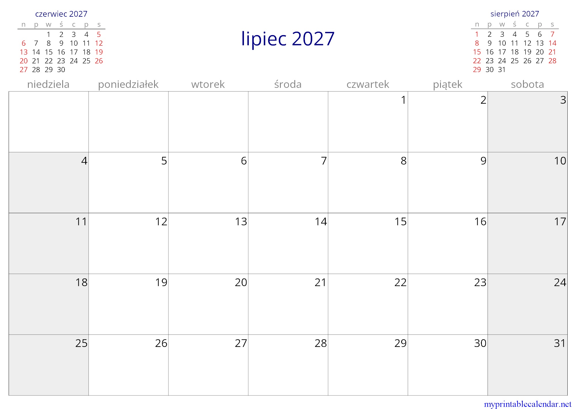 lipiec 2027 monthly calendar, Poland, Polish jpg