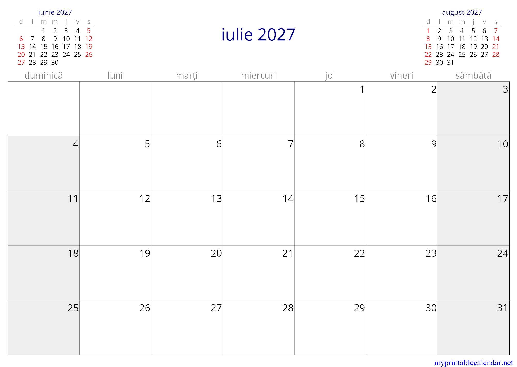 iulie 2027 monthly calendar, Romania, Romanian jpg