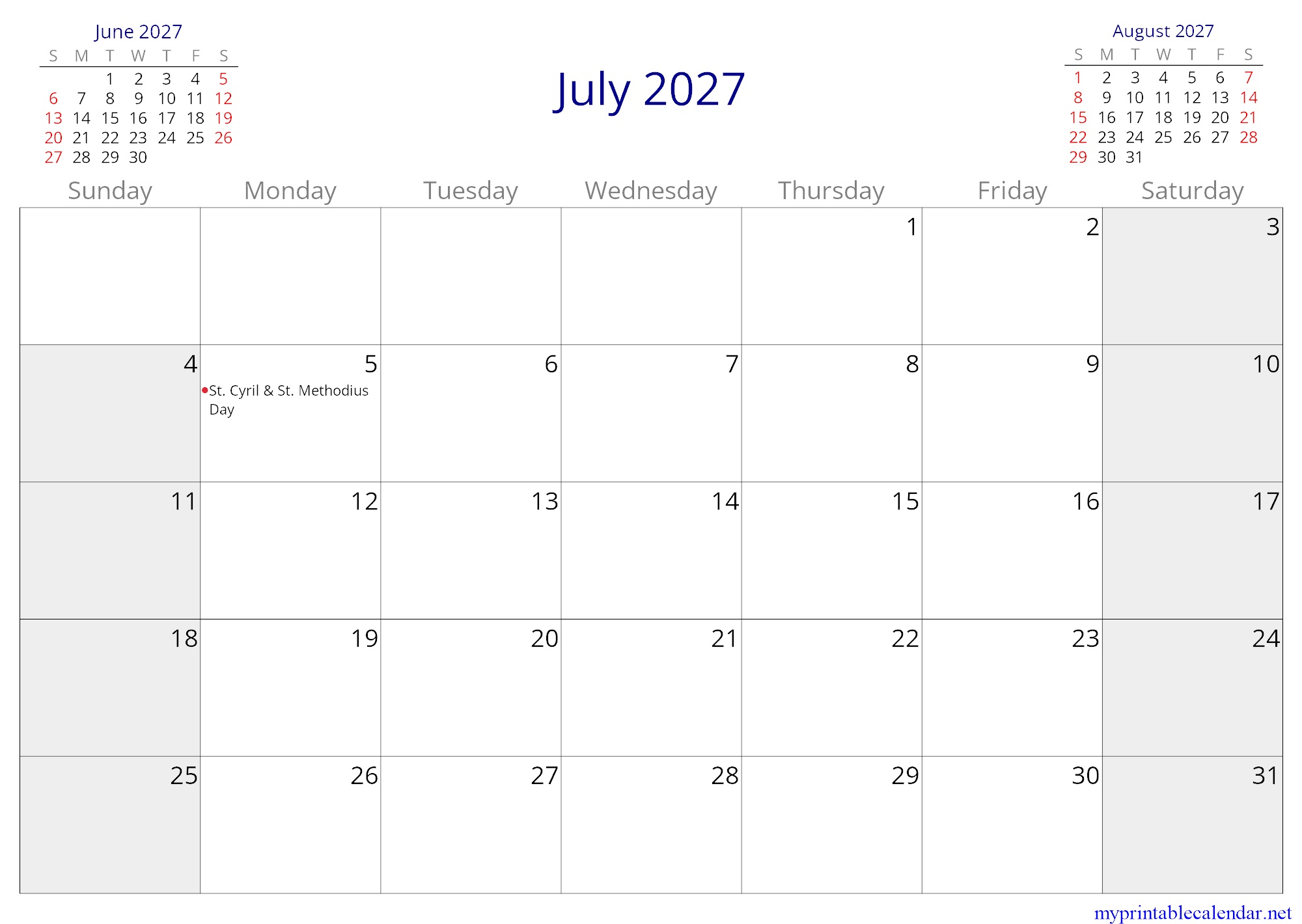 July 2027 monthly calendar, Slovakia, in English jpg