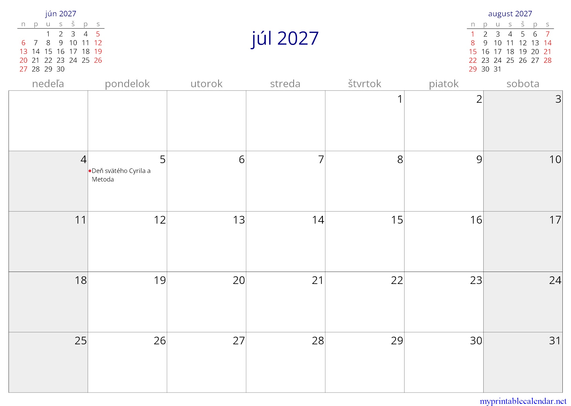 júl 2027 monthly calendar, Slovakia, Slovak jpg
