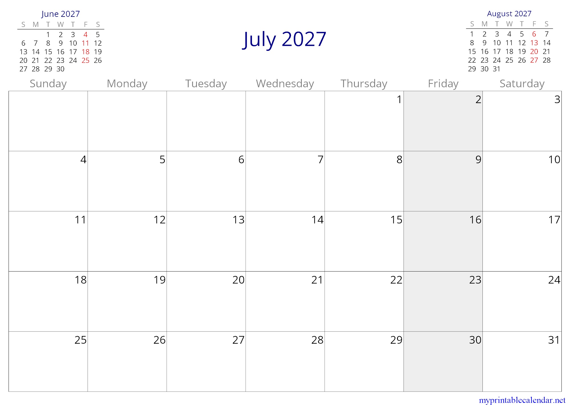 July 2027 monthly calendar, Sudan, English jpg