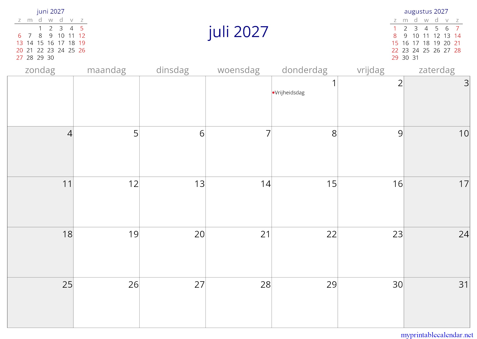 juli 2027 monthly calendar, Suriname, Dutch jpg