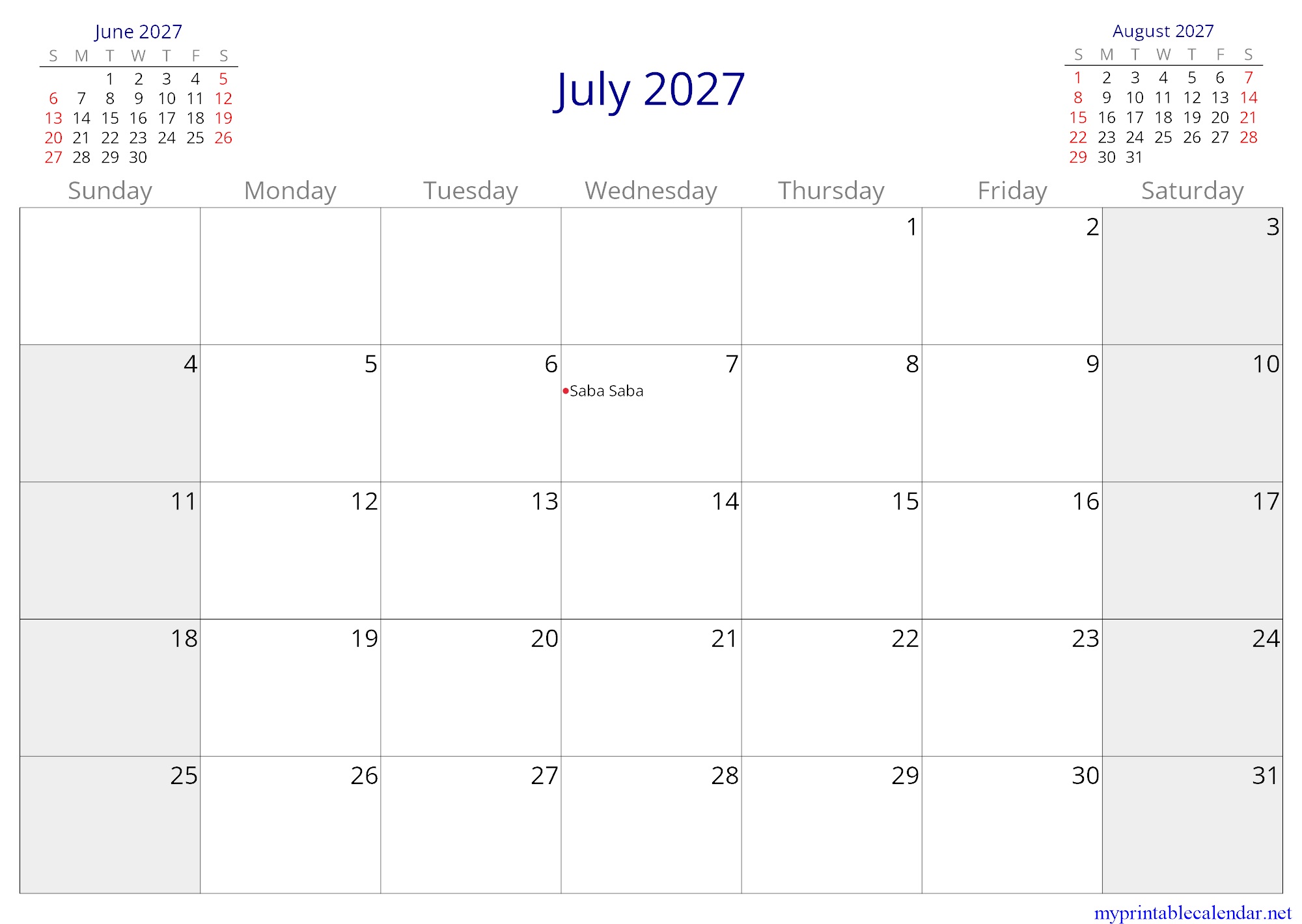 July 2027 monthly calendar, Tanzania, English jpg