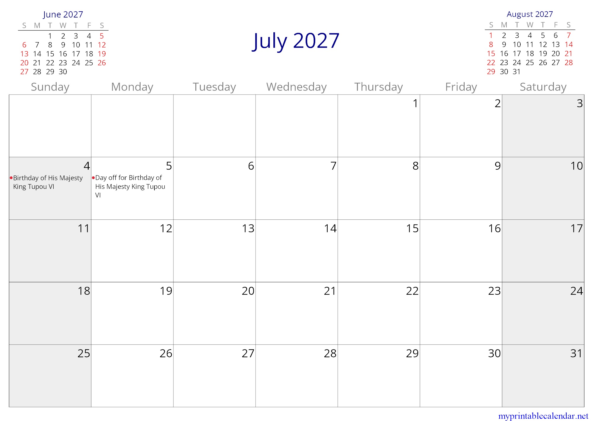 July 2027 monthly calendar, Tonga, English jpg