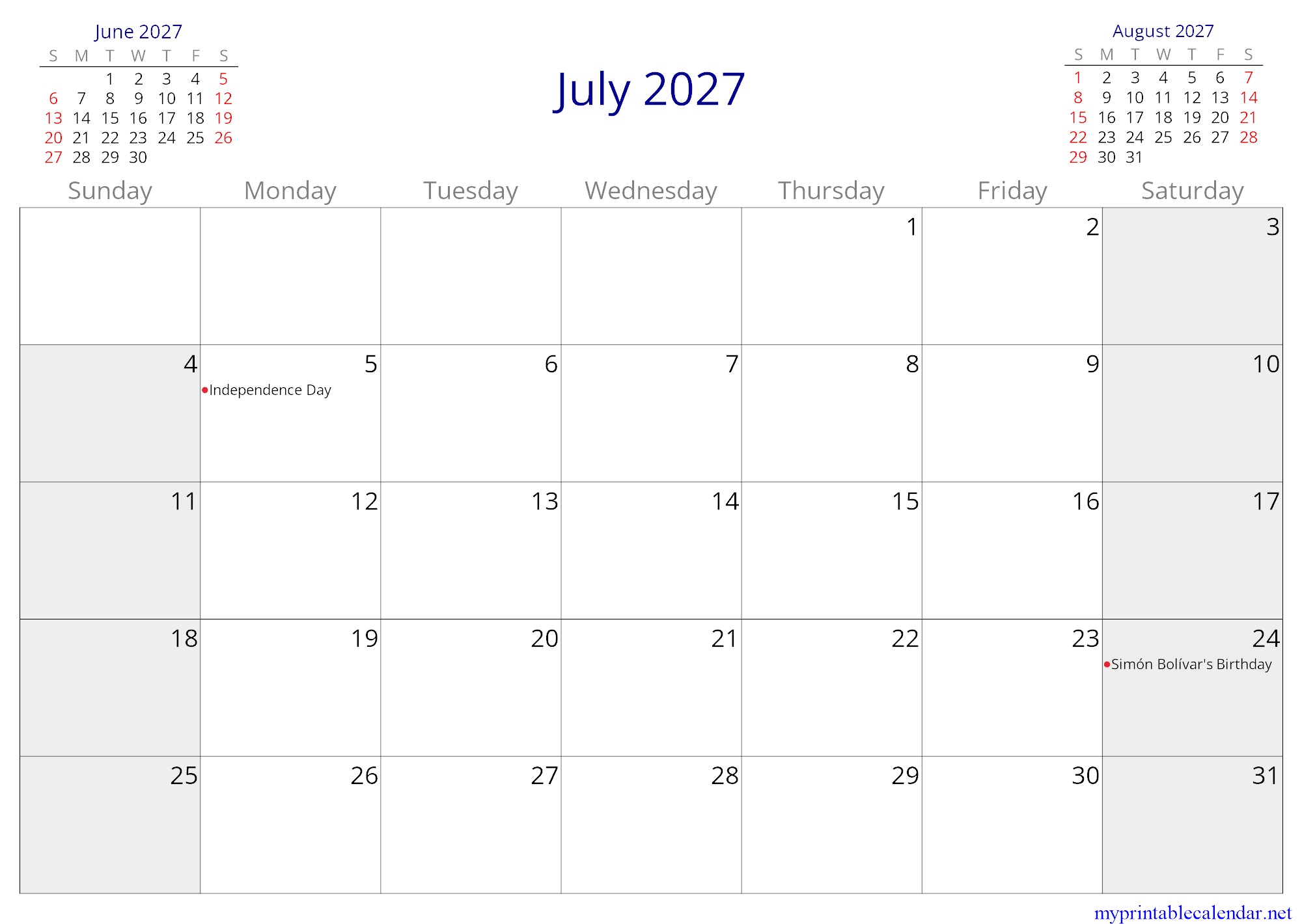 July 2027 monthly calendar, Venezuela, in English jpg