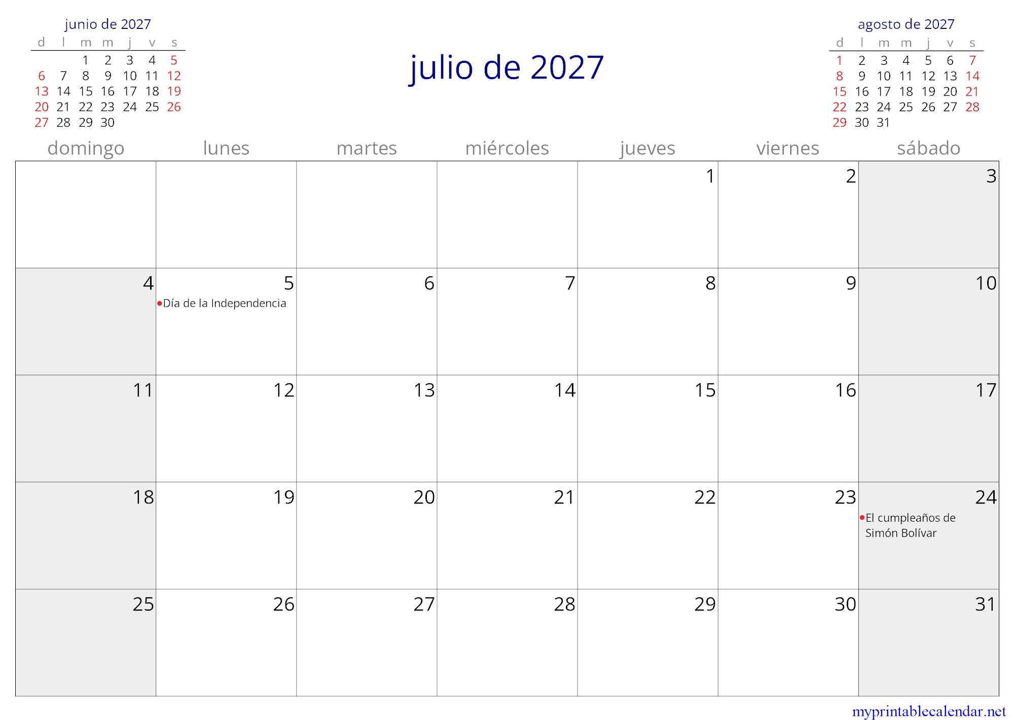 julio de 2027 monthly calendar, Venezuela, Spanish jpg
