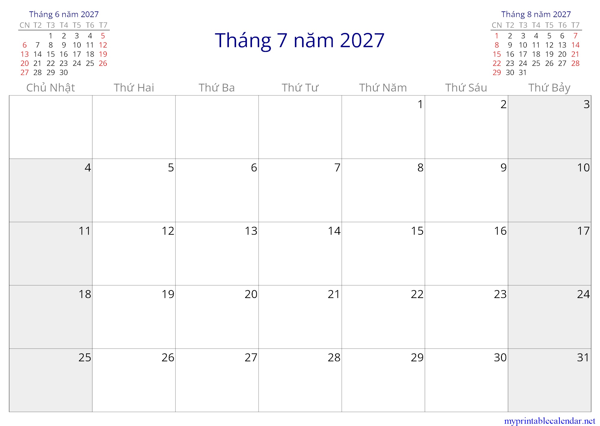 Tháng 7 năm 2027 monthly calendar, Vietnam, Vietnamese jpg