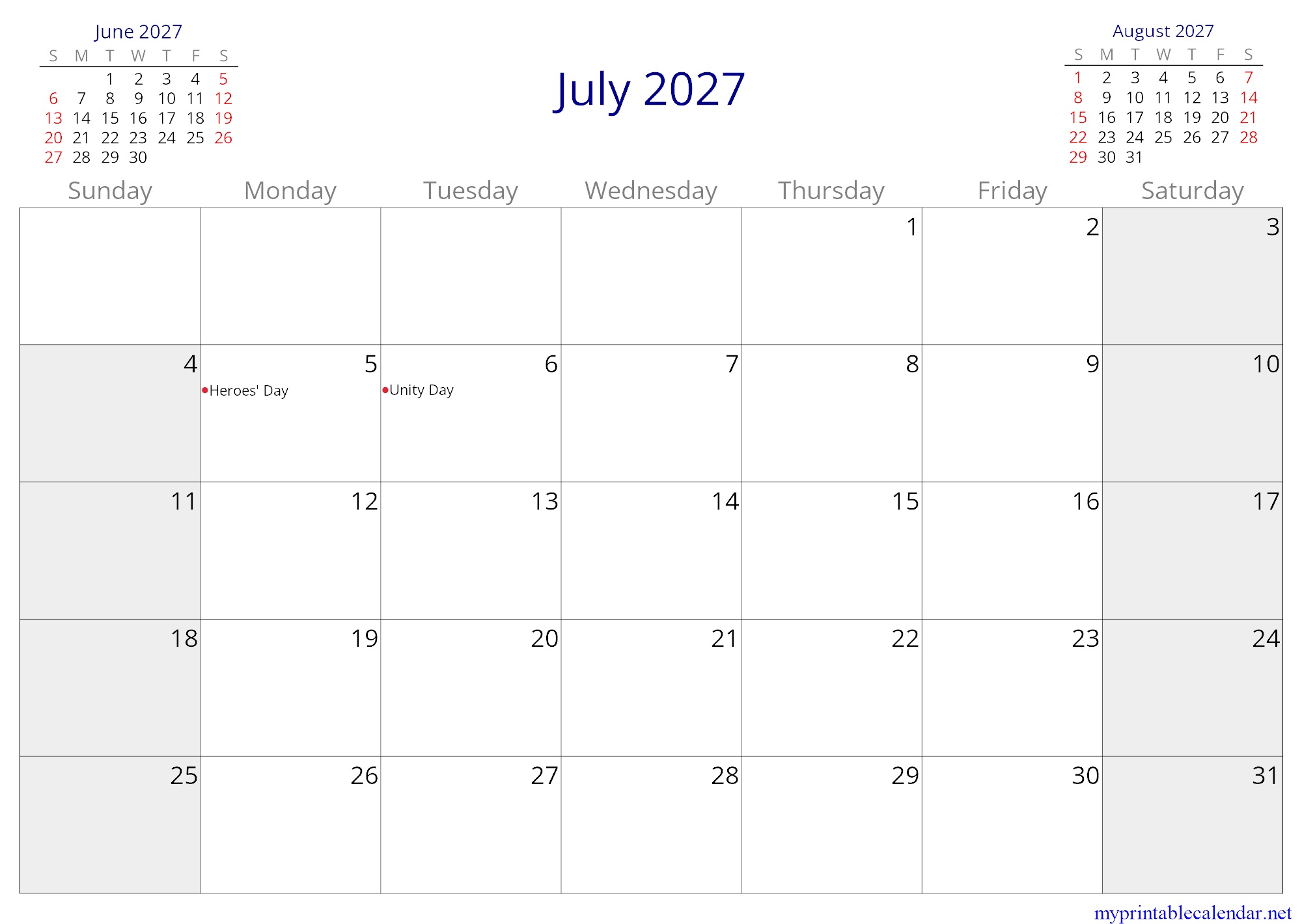 July 2027 monthly calendar, Zambia, English jpg