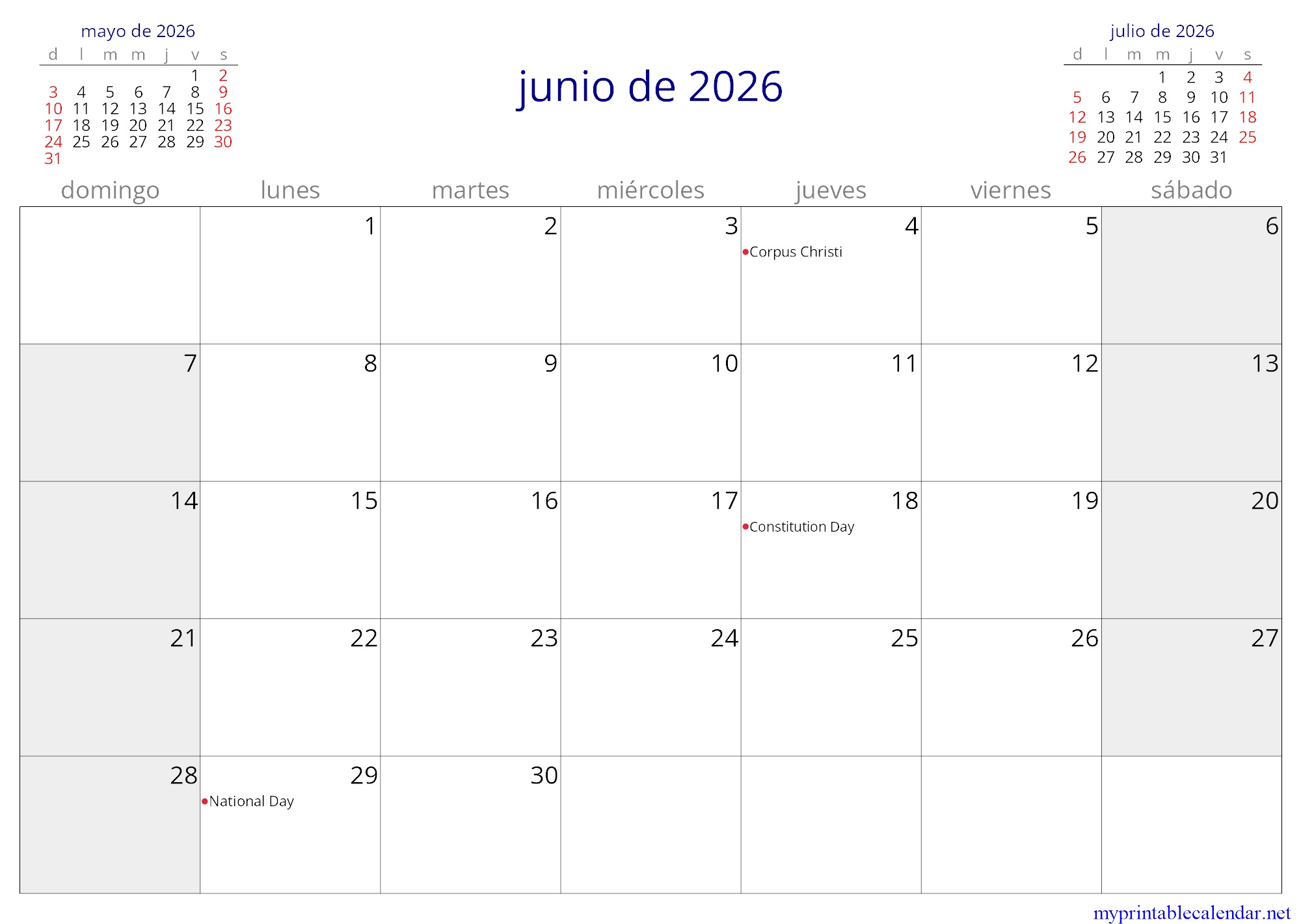 junio de 2026 monthly calendar, Seychelles, Spanish jpg