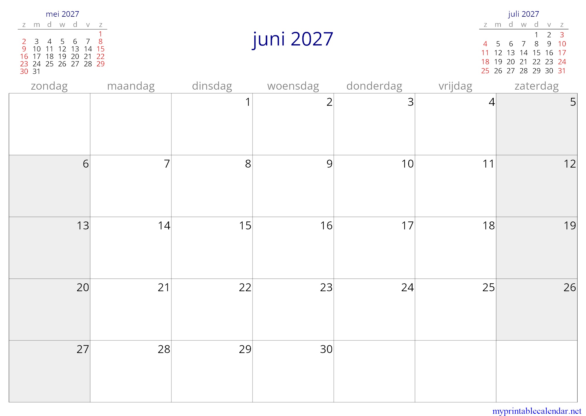 juni 2027 monthly calendar, Aruba, Dutch jpg