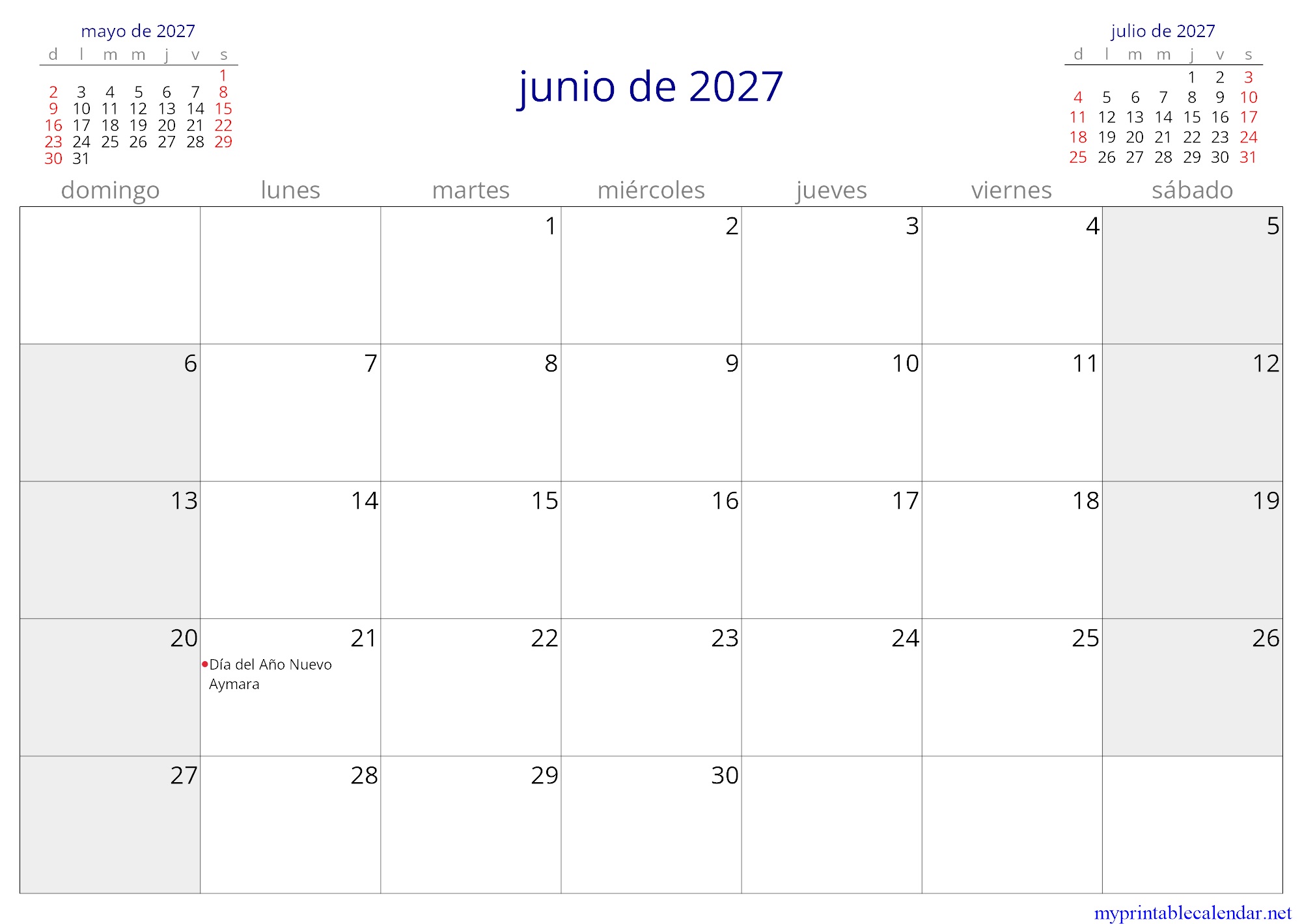 junio de 2027 monthly calendar, Bolivia, Spanish jpg