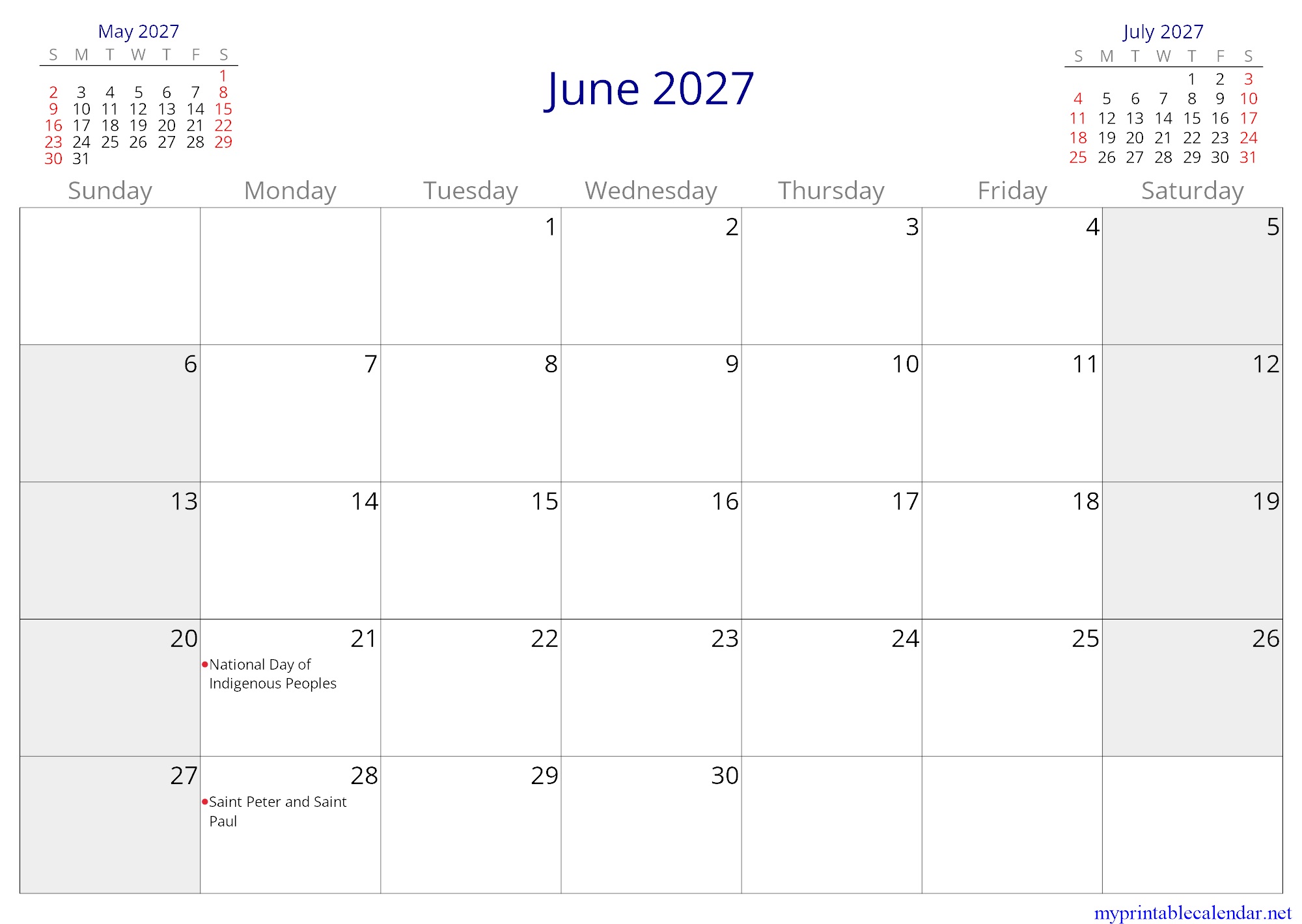 June 2027 monthly calendar, Chile, in English jpg