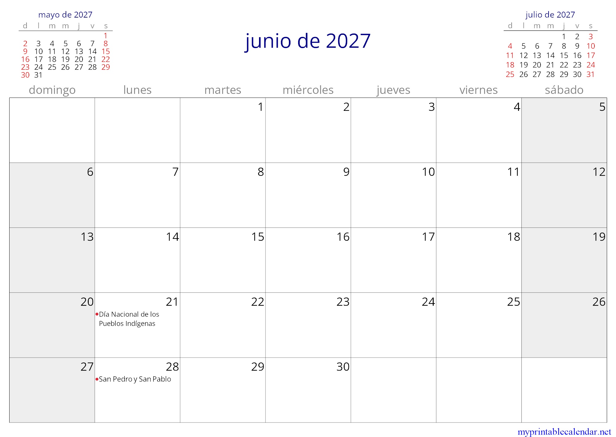 junio de 2027 monthly calendar, Chile, Spanish jpg