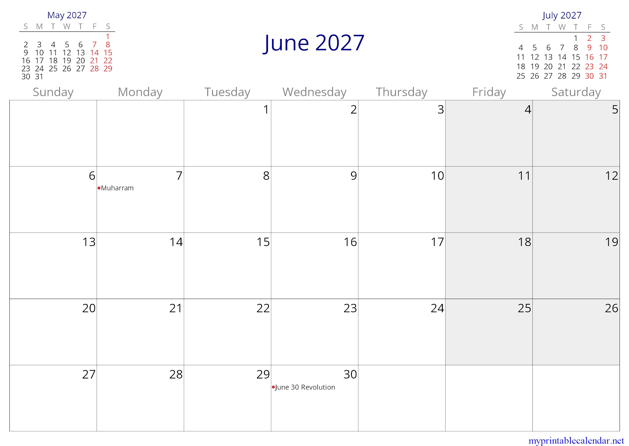 June 2027 monthly calendar, Egypt, in English jpg