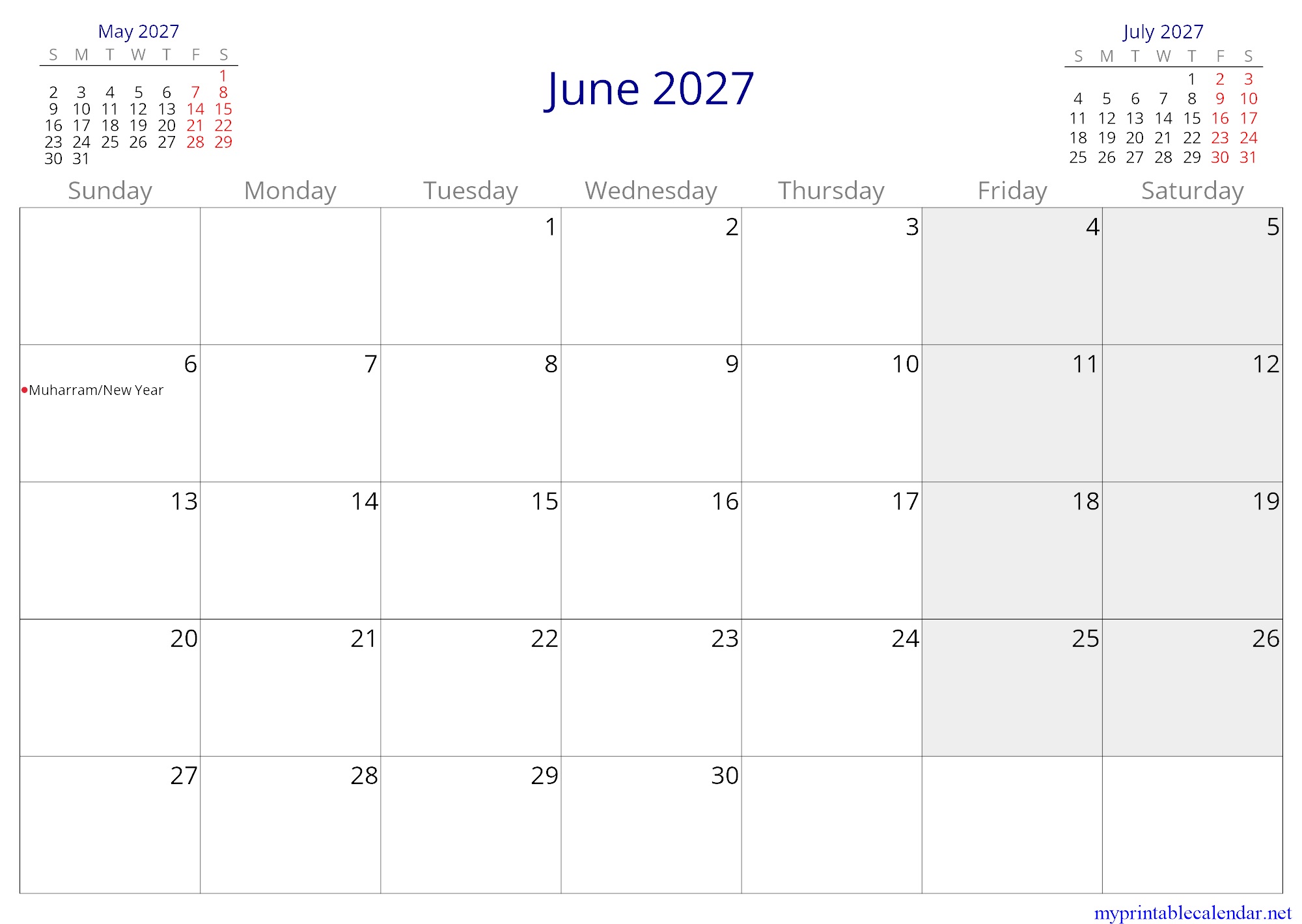 June 2027 monthly calendar, Jordan, in English jpg