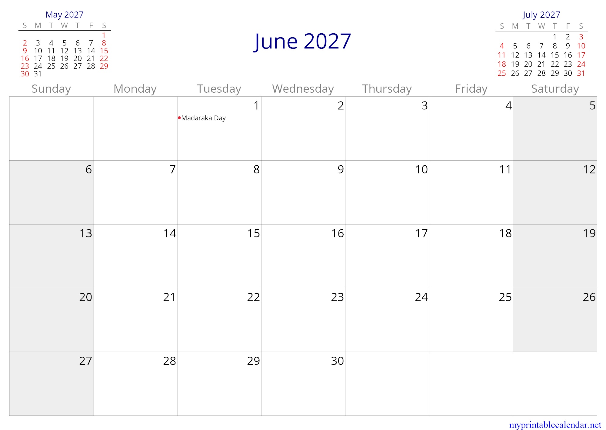 June 2027 monthly calendar, Kenya, English jpg