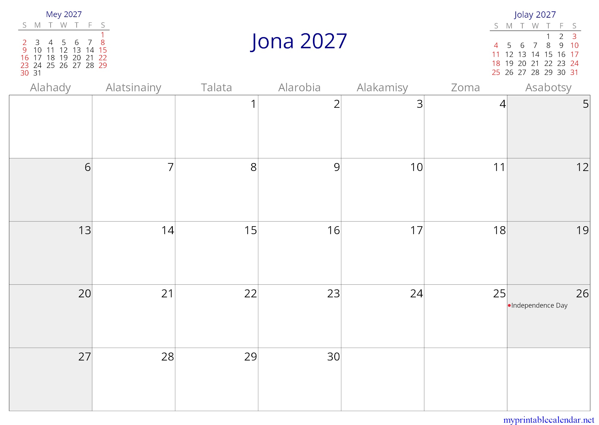 Jona 2027 monthly calendar, Madagascar, Malagasy jpg